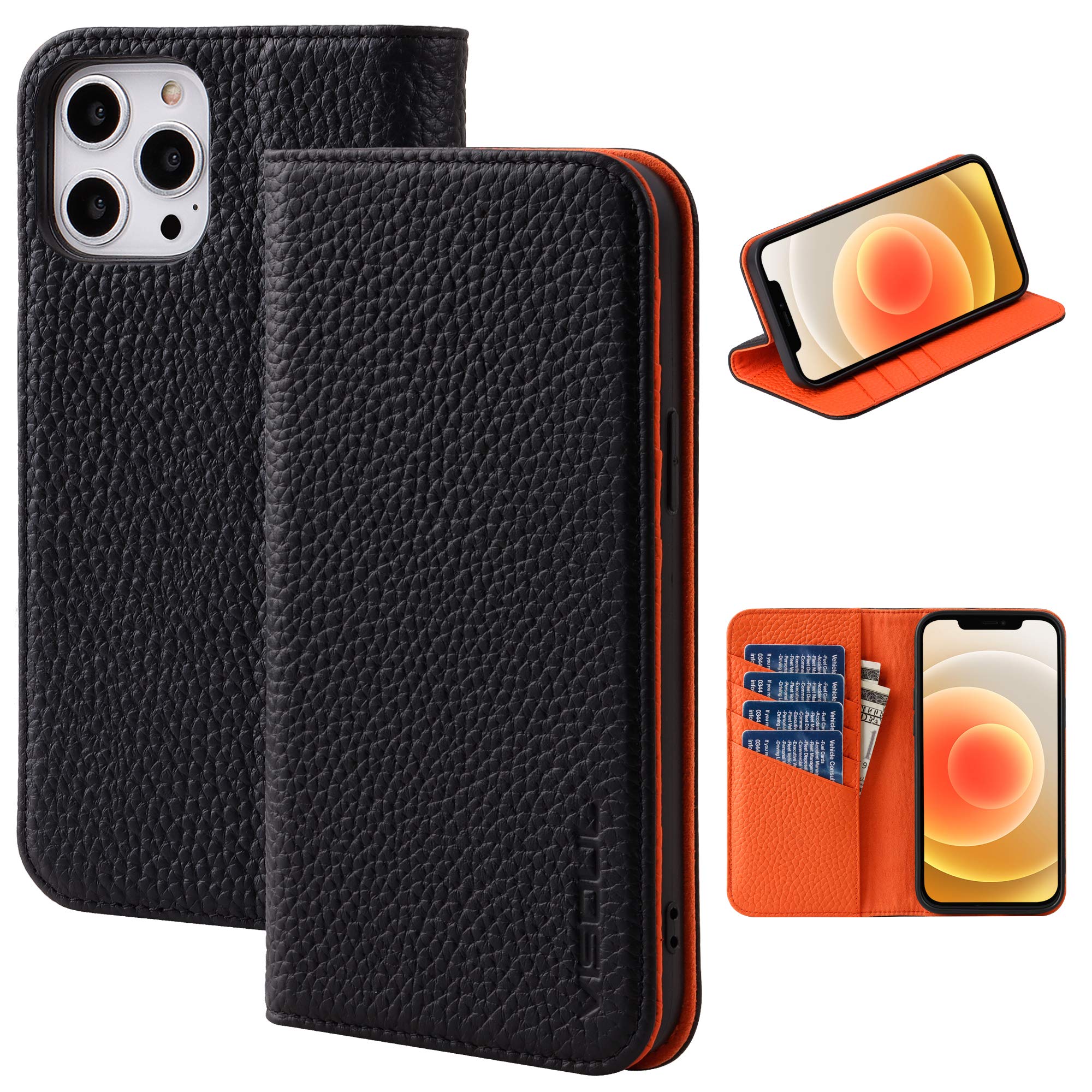 VISOUL iPhone 12 Pro Max 5G Case Folio Wallet with Card Holder for Men and Women, Pebbled Leather Contrast Color Magnetic Portfolio Flip Case Cover for iPhone 12 Pro Max (6.7-inch) (Black+Orange)