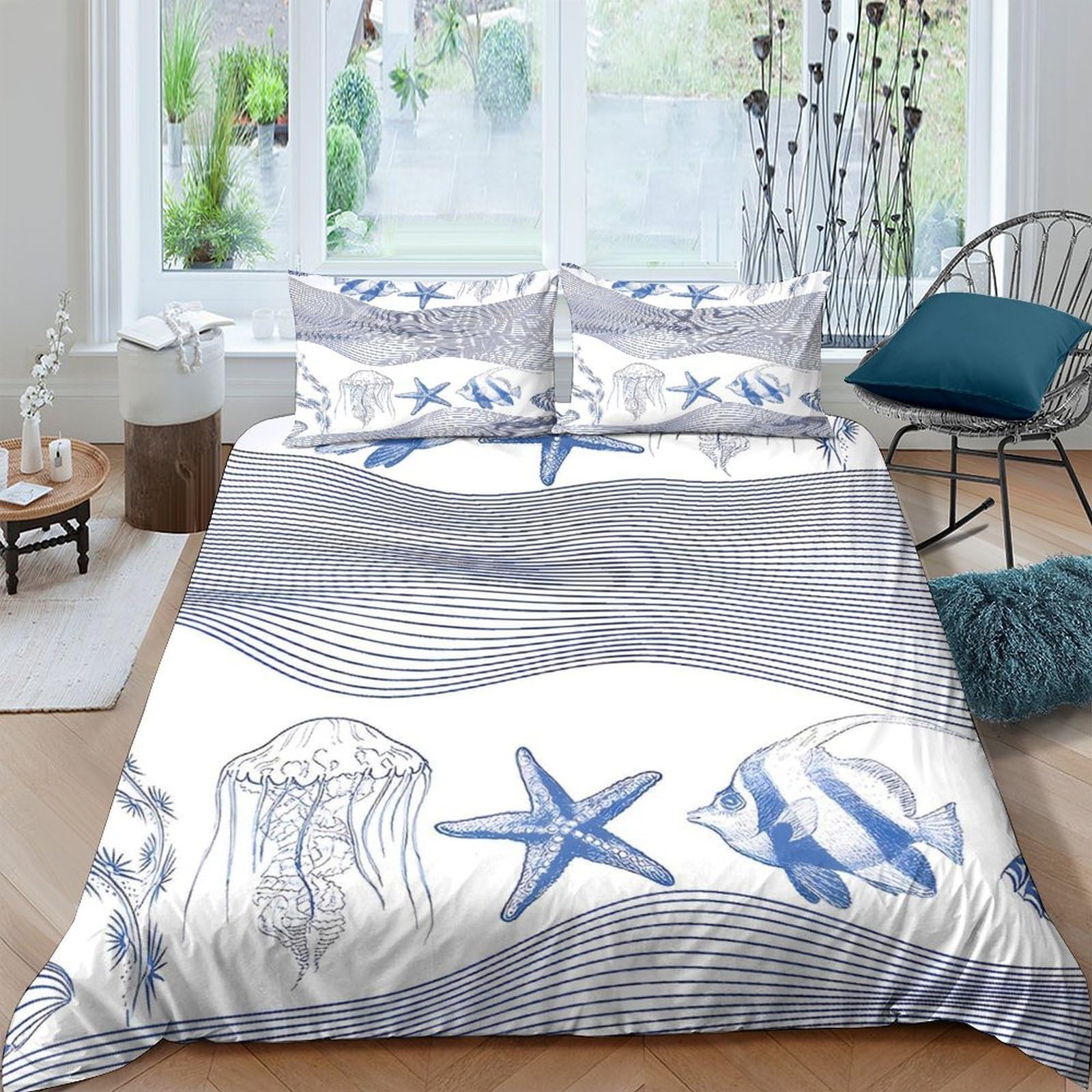 GPLZQXKJNH 3D Printed Ocean Starfish Duvet Cover Microfiber Soft Breathable Jellyfish Bedding Set with 2 Pillowcases for Bedroom Décor Single（135x200cm）