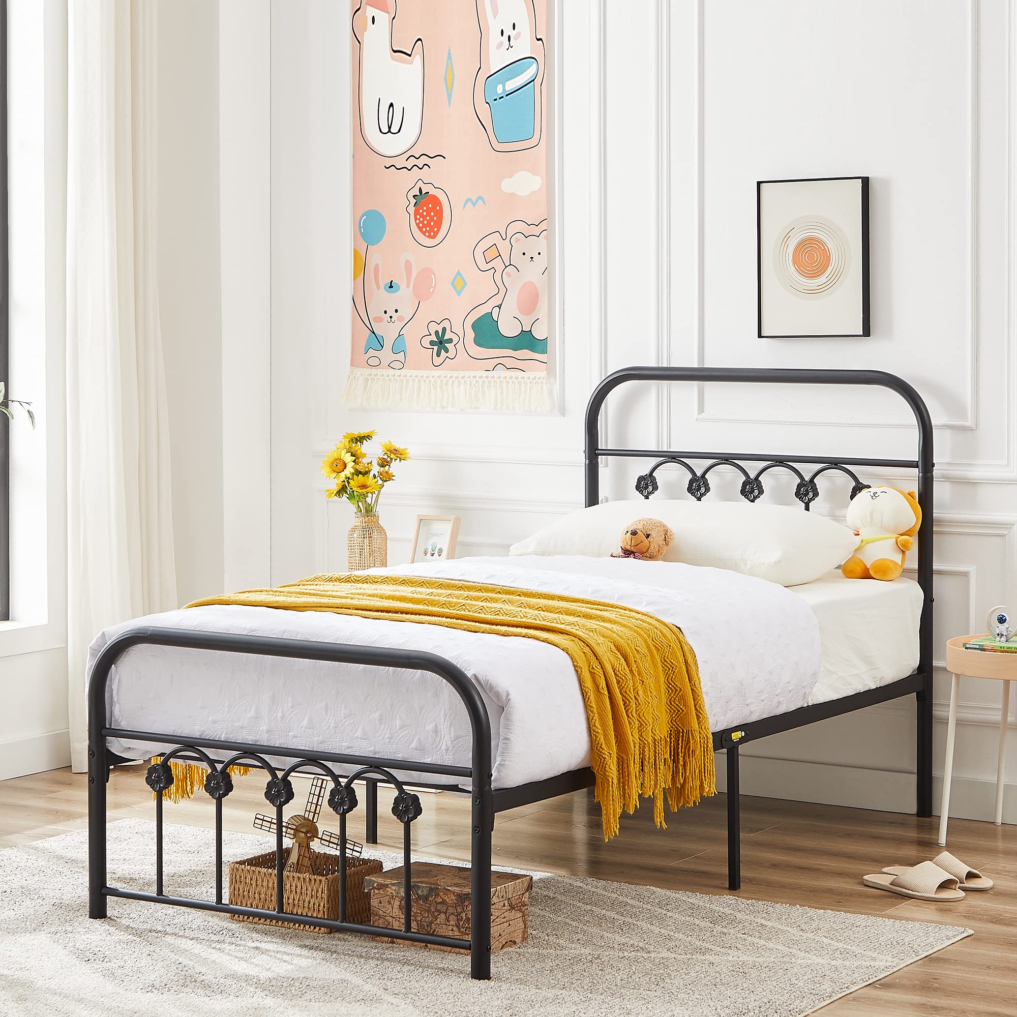 VECELO Twin Size Metal Platform Bed Frame with Headboard and Footboard, Mattress Foundation with Steel Slat Support/No Box Spring Needed/Easy Assembly