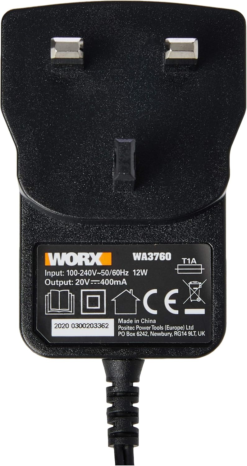 WORX WA3760 charger with battery inserted and charging indicator