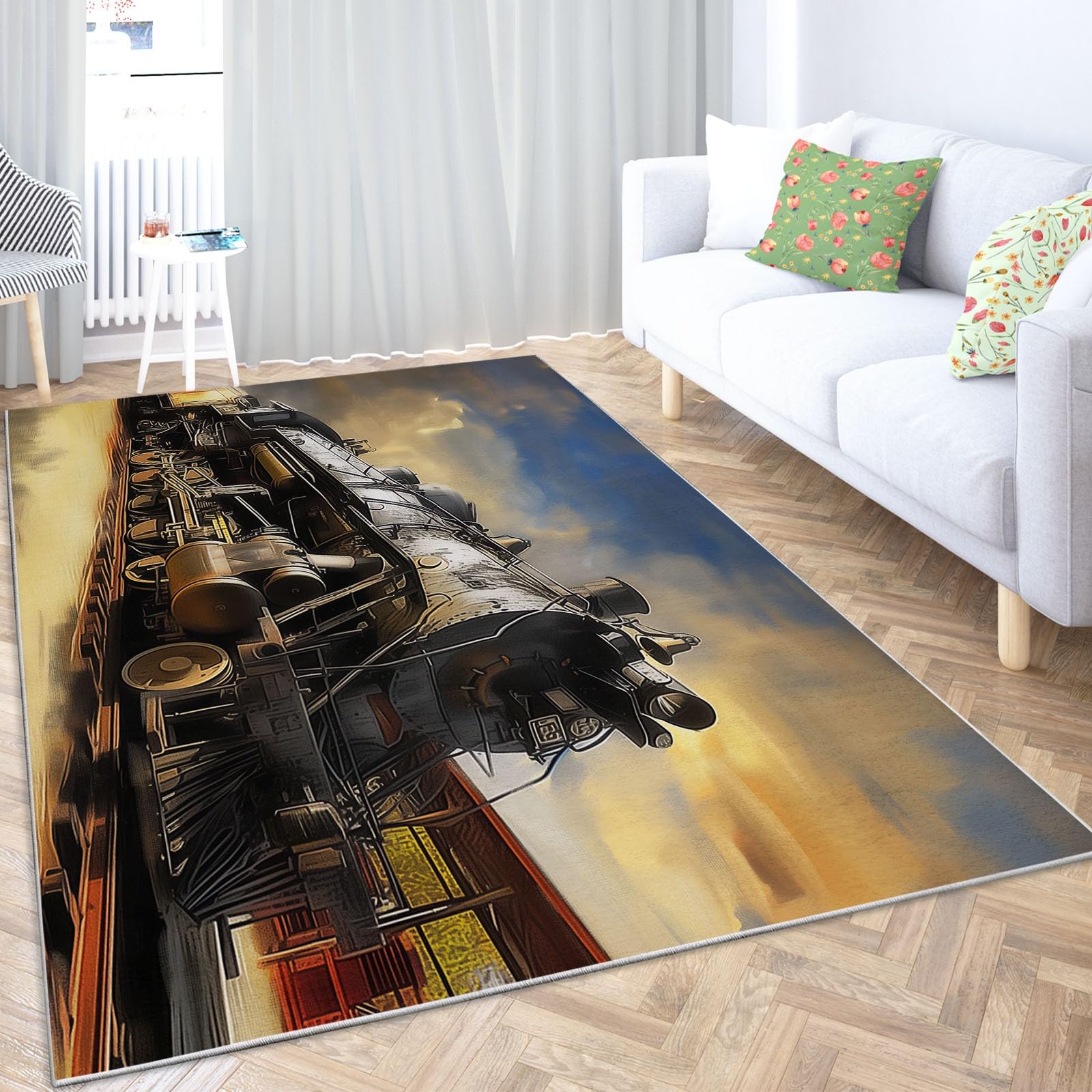 Style Peinture l'huile Tapis Lavable en Machine 160x230 cm Moquette Vieux Train Vapeur Poils Courts Doux, Tapis Intérieur Antidérapant Résistant pour Salon Chambre Chambre d'enfant et Entrée