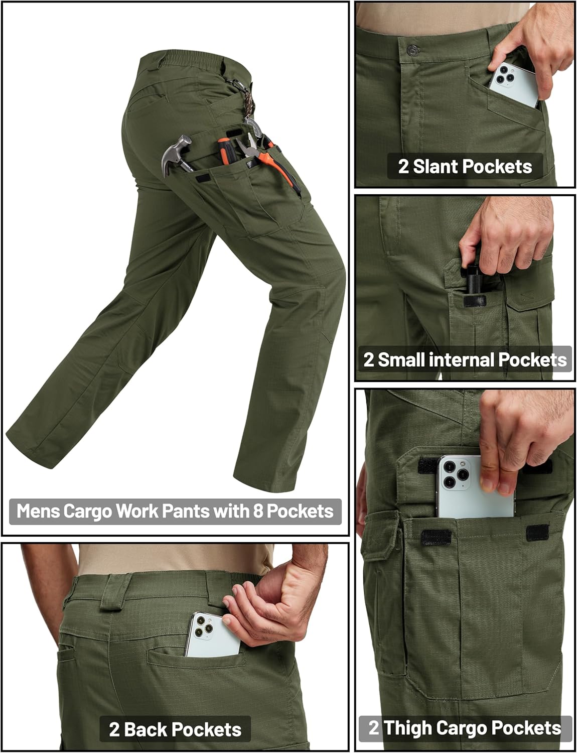 TACVASEN Mens Hiking Pants Waterproof Ripstop Lightweight Breathable Stretch Work Tactical Outdoor Pants with 8 Pockets - Image 5