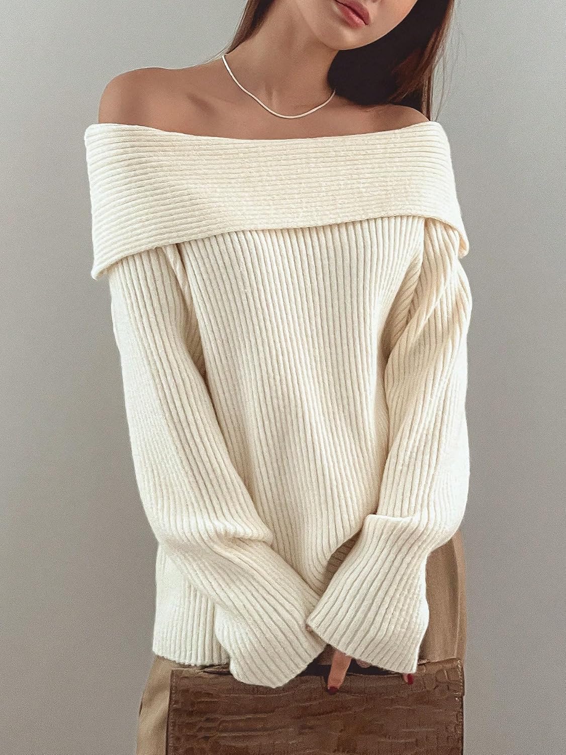 Verdusa Women's Foldover Long Sleeve Loose Off Shoulder Sweater Knit Pullovers Jumper Tops - Image 5