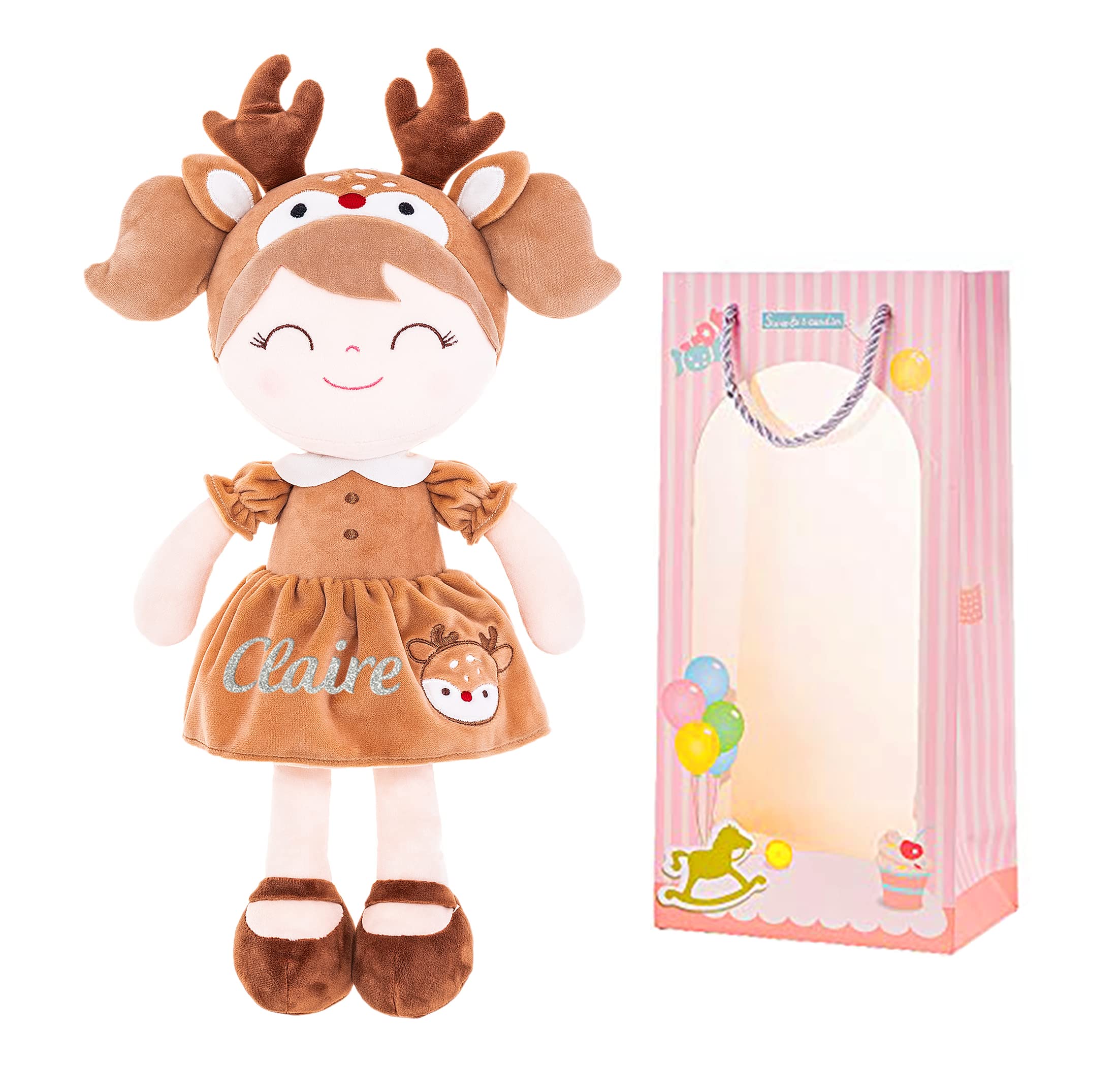 Gloveleya Personalized Doll with Your Name - Cute Brown Deer Custom Soft Plush Doll for Girls Plush Doll Customized Gifts - Muñecas de Trapo