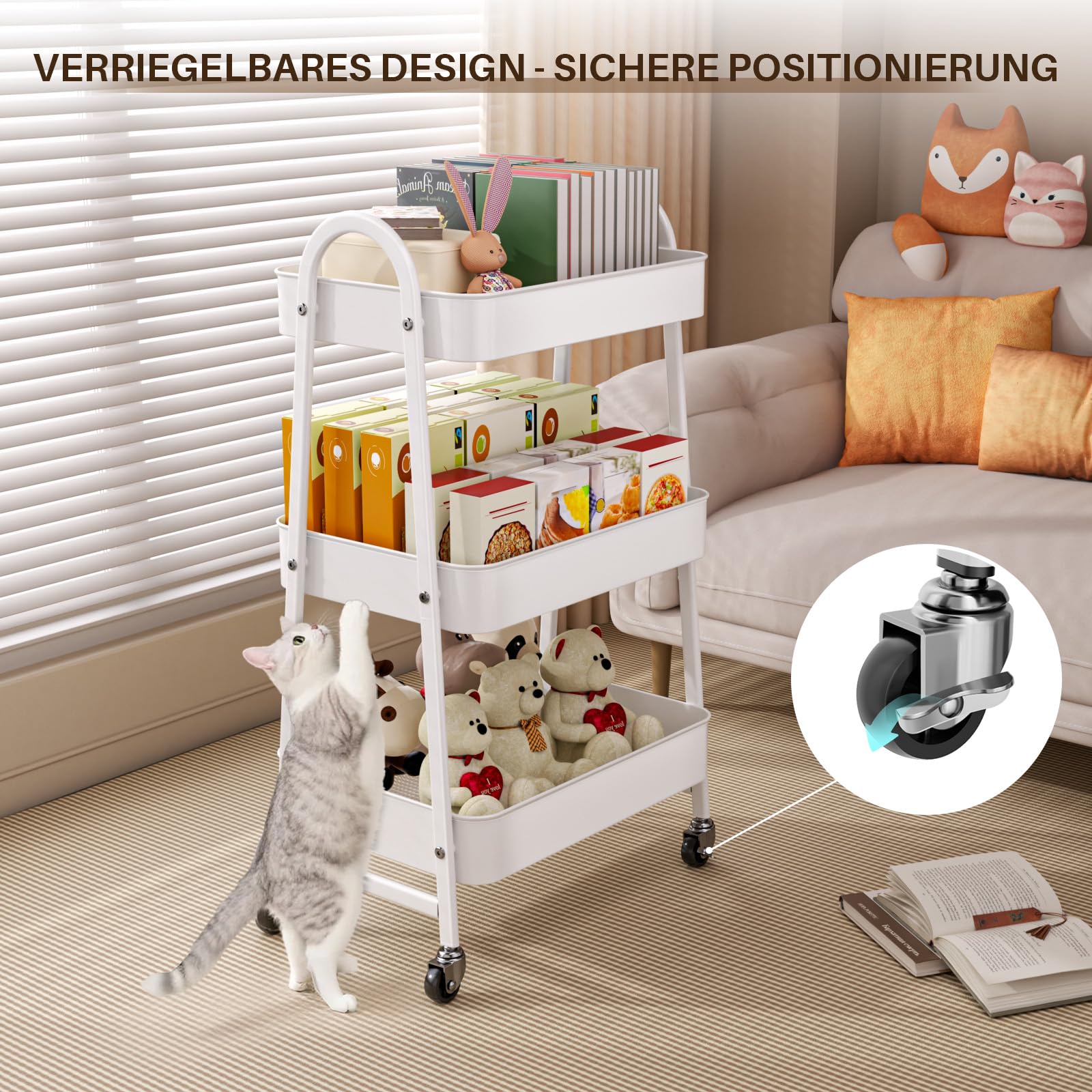 Chariot Mobile à 3 Niveaux, Desserte sur roulettes, Étagère de Rangement en métal pour Cuisine, Salle de Bain, Buanderie 2 Freins, Blanc