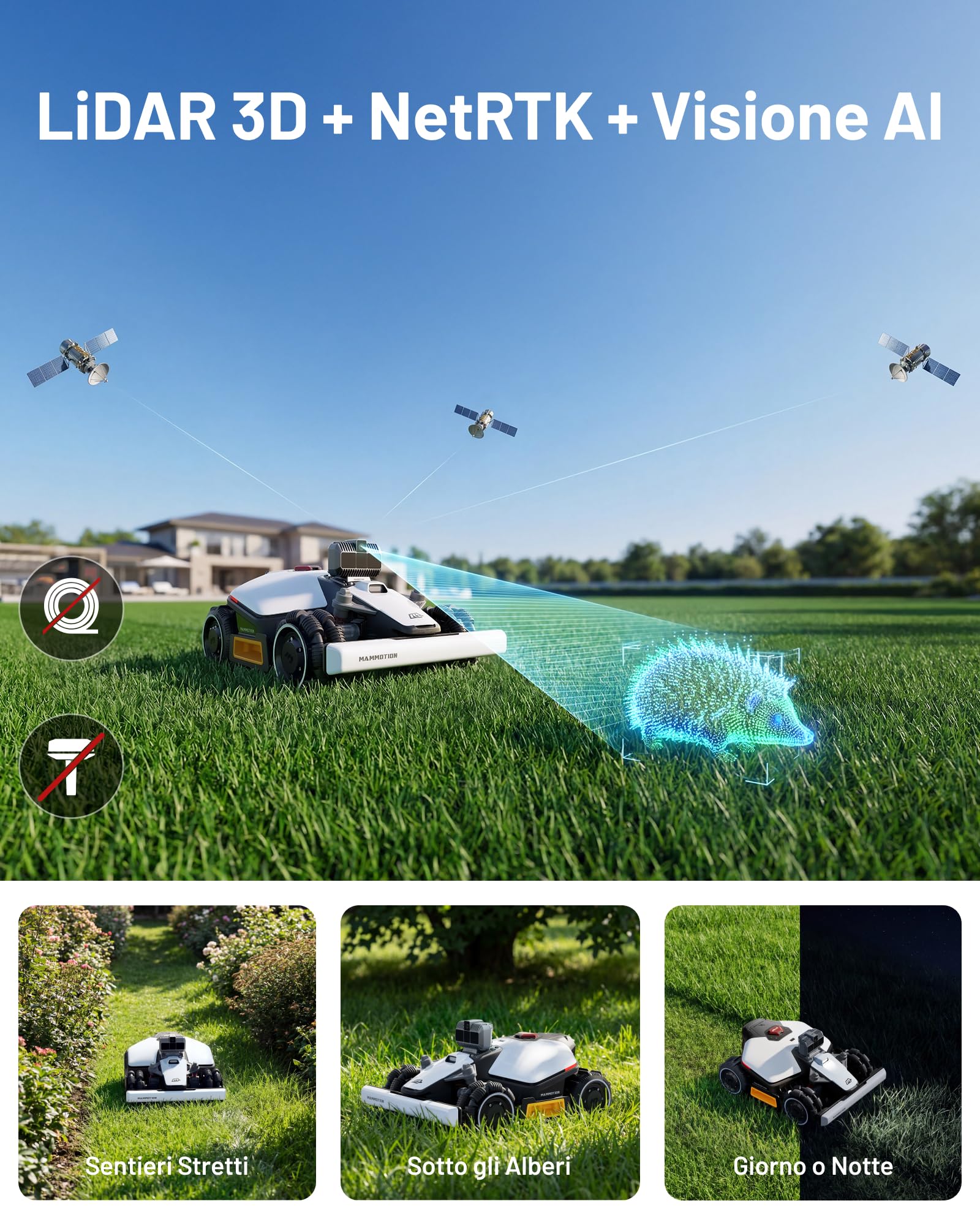 MAMMOTION LUBA mini AWD LiDAR 1500 Robot Tagliaerba con Garage mini, Senza Filo Perimetrale, Senza Antenna RTK, 3D LiDAR + Vision, Mappatura Automatica, Modulo 4G, Fino all'80%, 3 Anni di 4G Gratis