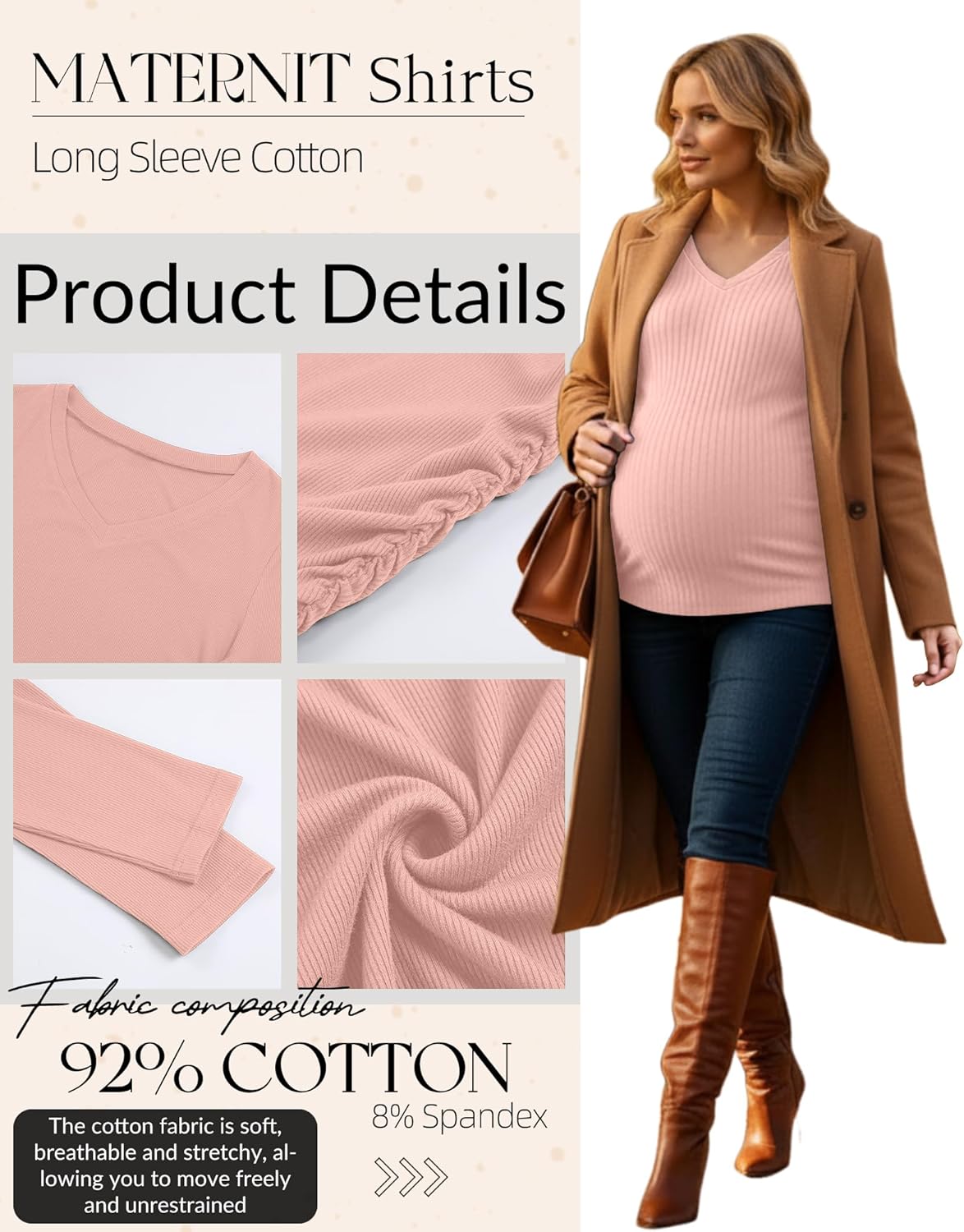 4 Pack Women's Maternity Shirts, Cotton Long Sleeve Pregnancy Tops Ribbed V Neck Slim Fit Maternity Clothes - Image 5