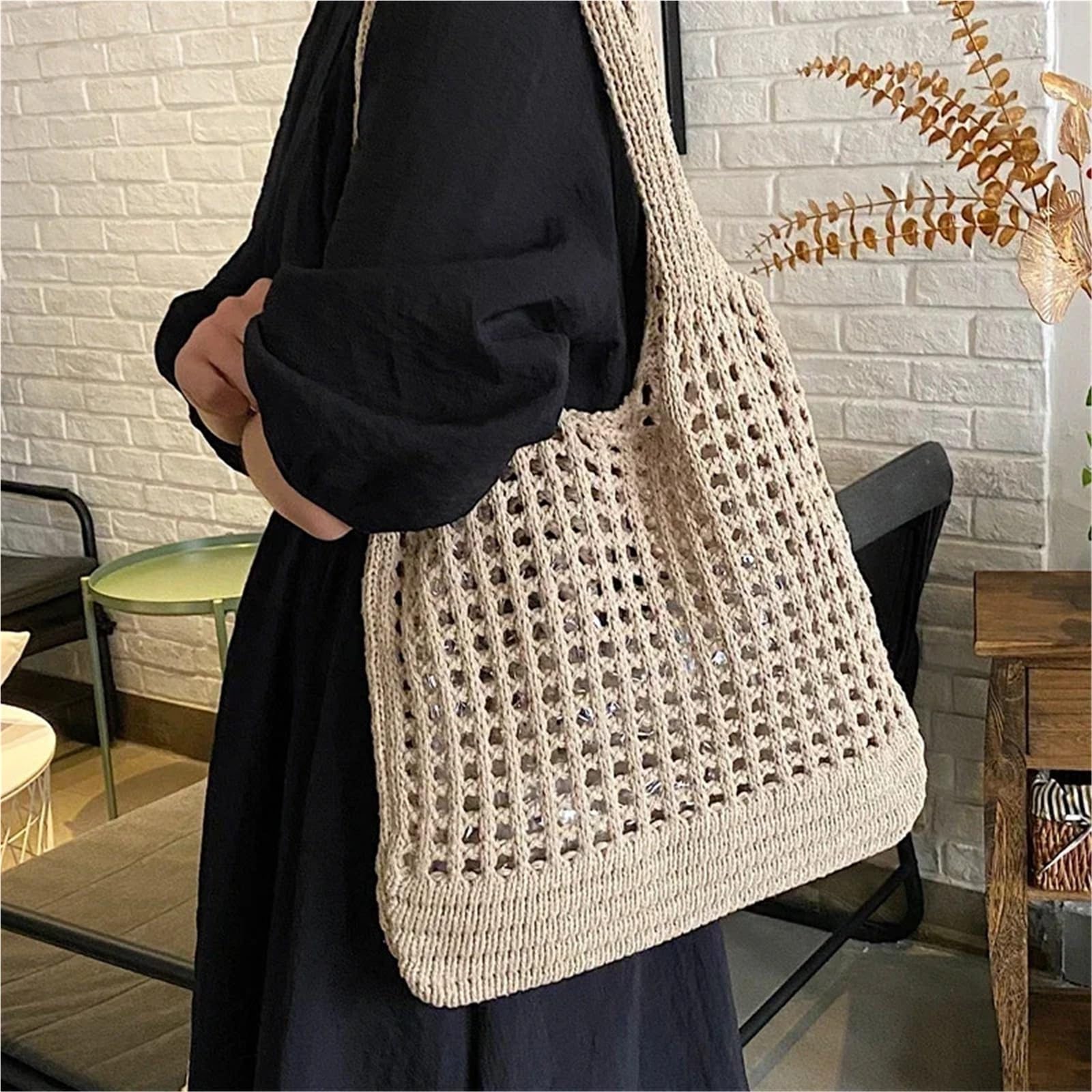 Bolsa De Ganchillo Bolso de Hombro Hueco de Punto for Mujer, Bolso de Compras de Ganchillo de Gran Capacidad, Bolso de Playa Informal for Vacaciones para Mujer(Khaki)