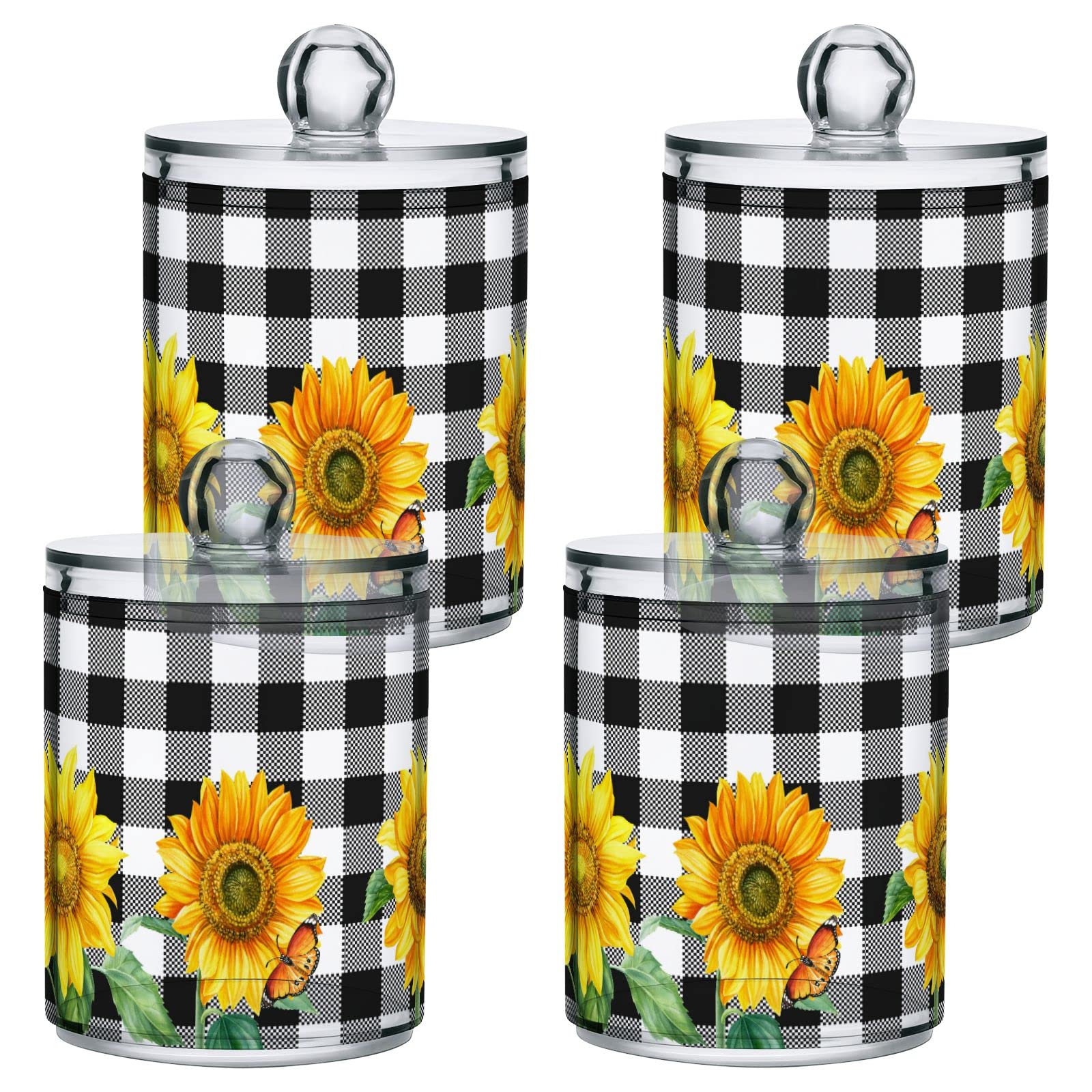 Sunflowers Buffalo Plaid Qtip Dispenser Apothecary Jars Autumn Fall Yellow Floral Qtips Holder Bathroom Storage Canister Plastic Jar 10 Oz for Cotton Ball Swab Round Pads Floss 4pcs