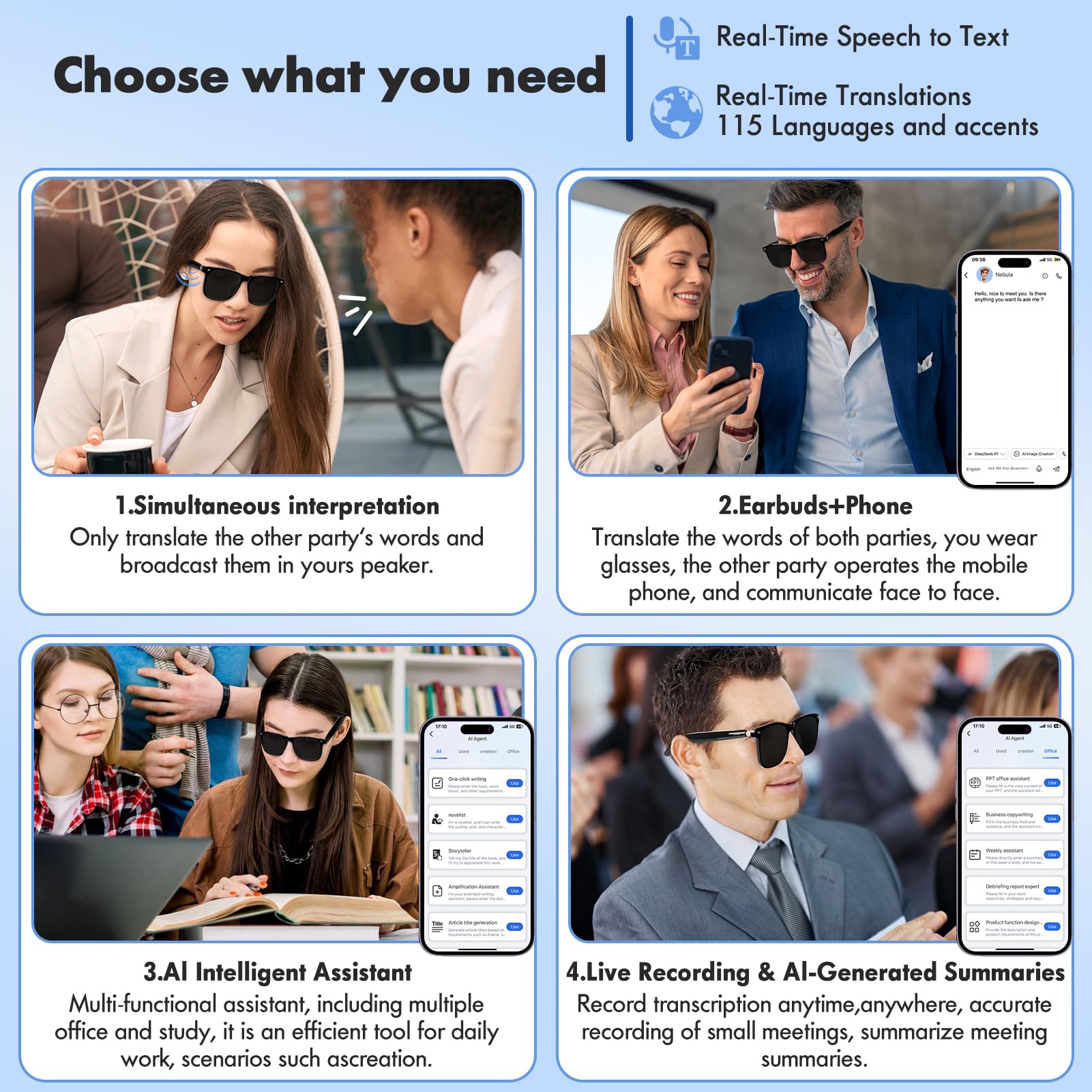 Lunettes intelligentes Bluetooth avec haut-parleur, 115 langues, traduction en temps réel, protection UV, verres polarisés, pour homme et femme, jeux, réunions, voyages