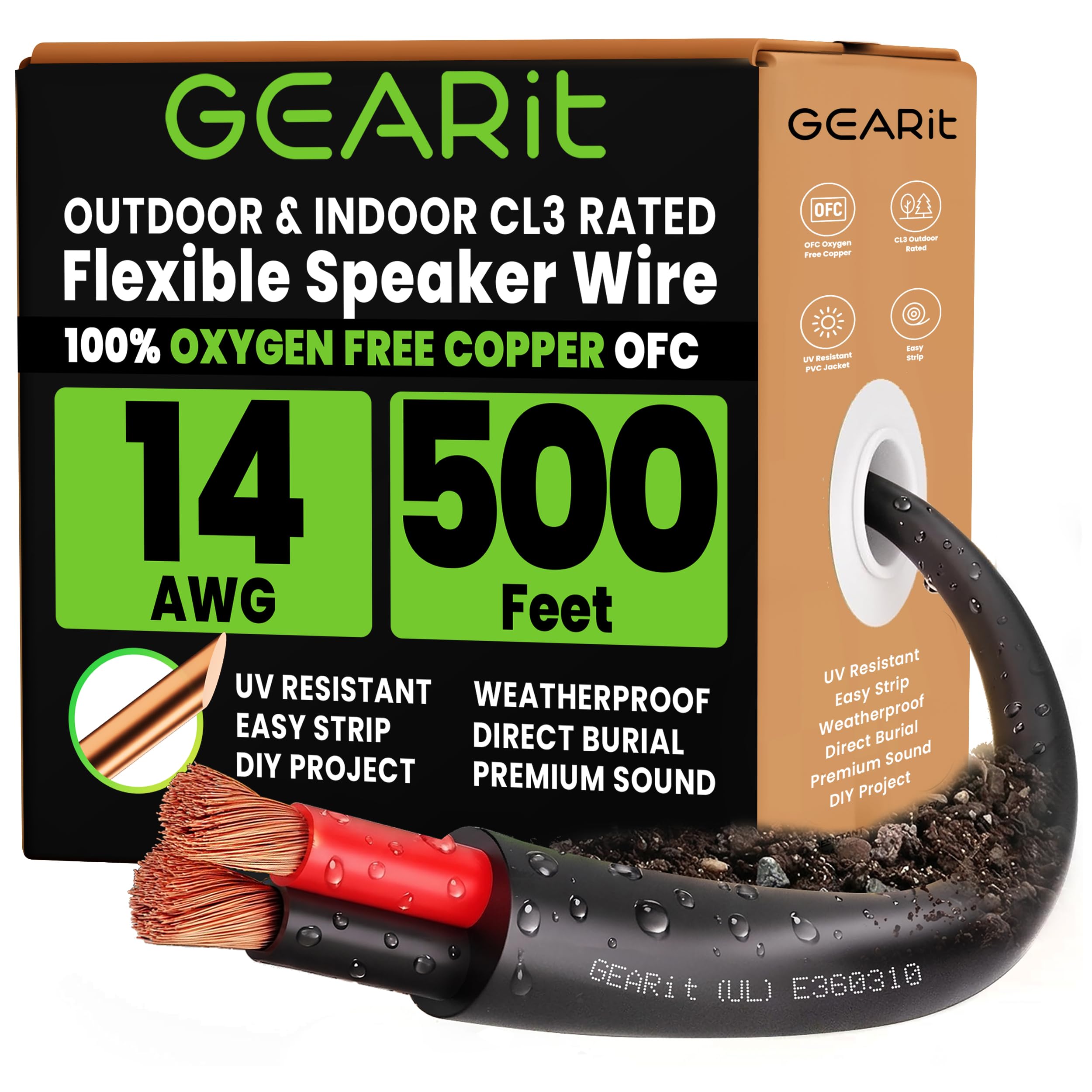 GEARit 스피커 와이어 14게이지 OFC 152.4m(500피트), UL CL3 등급 14게이지 와이어, 극성 마크가 있는 구리 와이어, 벽, 가정, 자동차, 실외, 정원, 상업용 오디오 시스템용 오디오 케이블, OFC(블랙, 2컨덕터)