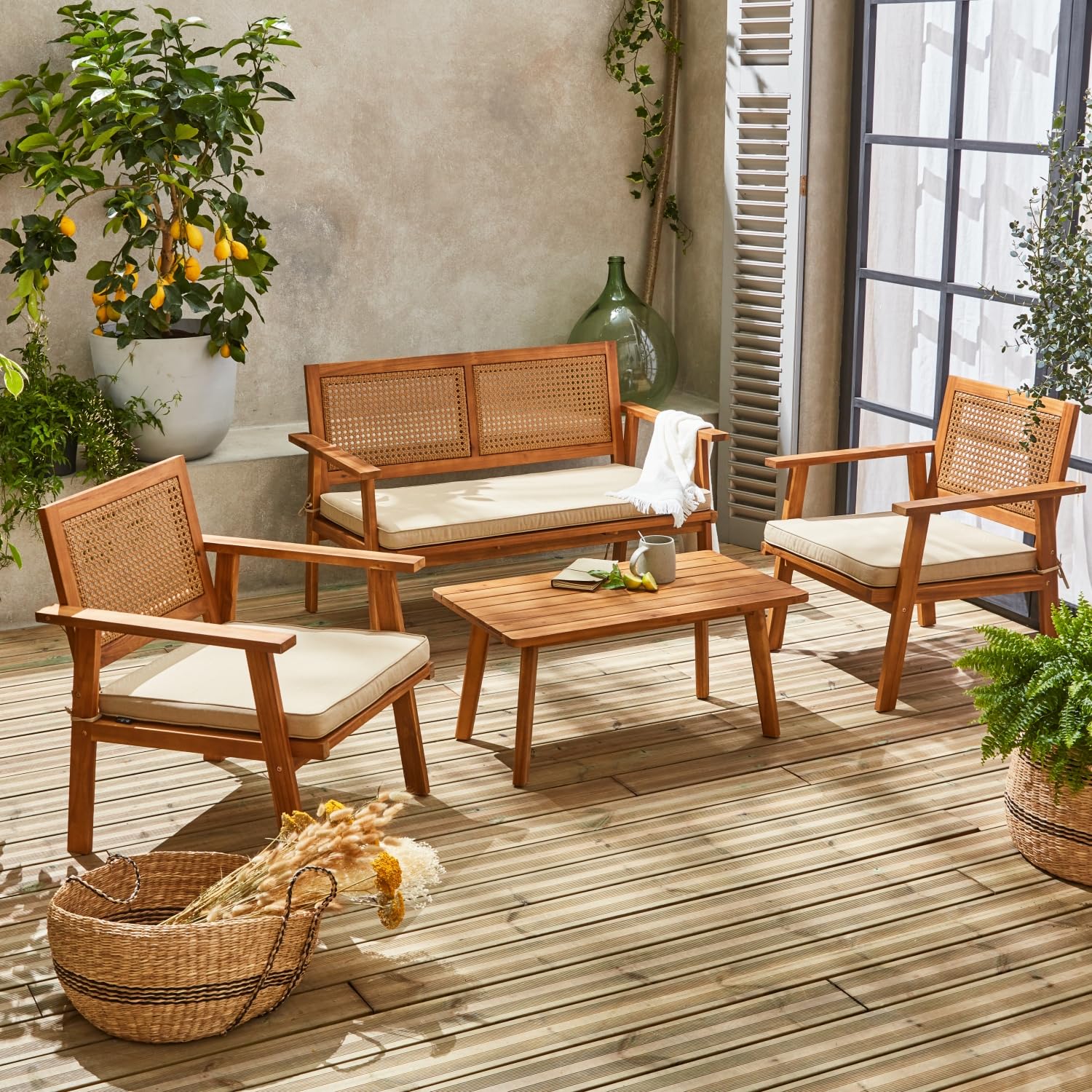 Alice's Garden - Salon de Jardin. Bohémia. cannage Rond. canapé 2 Places. 2 fauteuils. 1 Table Basse 117x64x74 cm