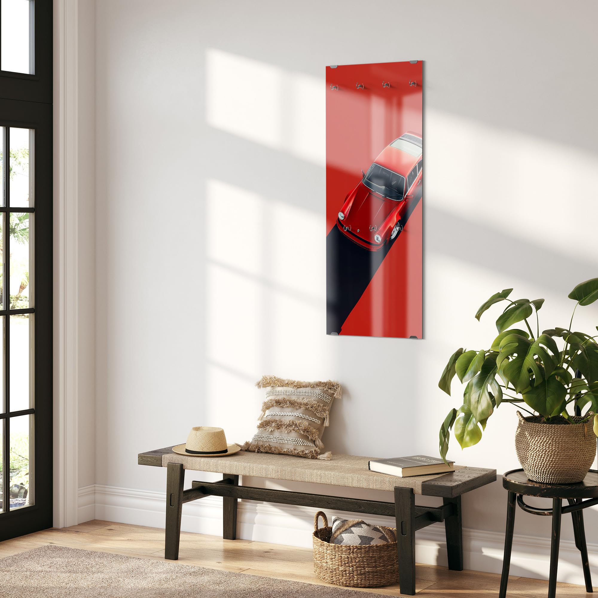 DEQORI Wieszak na ubrania ze szkła z nadrukiem motywu, wzór pionowy, 50 x 125 cm, motyw Speed in Scarlet, szkło bezpieczne ESG z 7 haczykami – możliwość zapisywania i łatwe w montażu – łatwe w