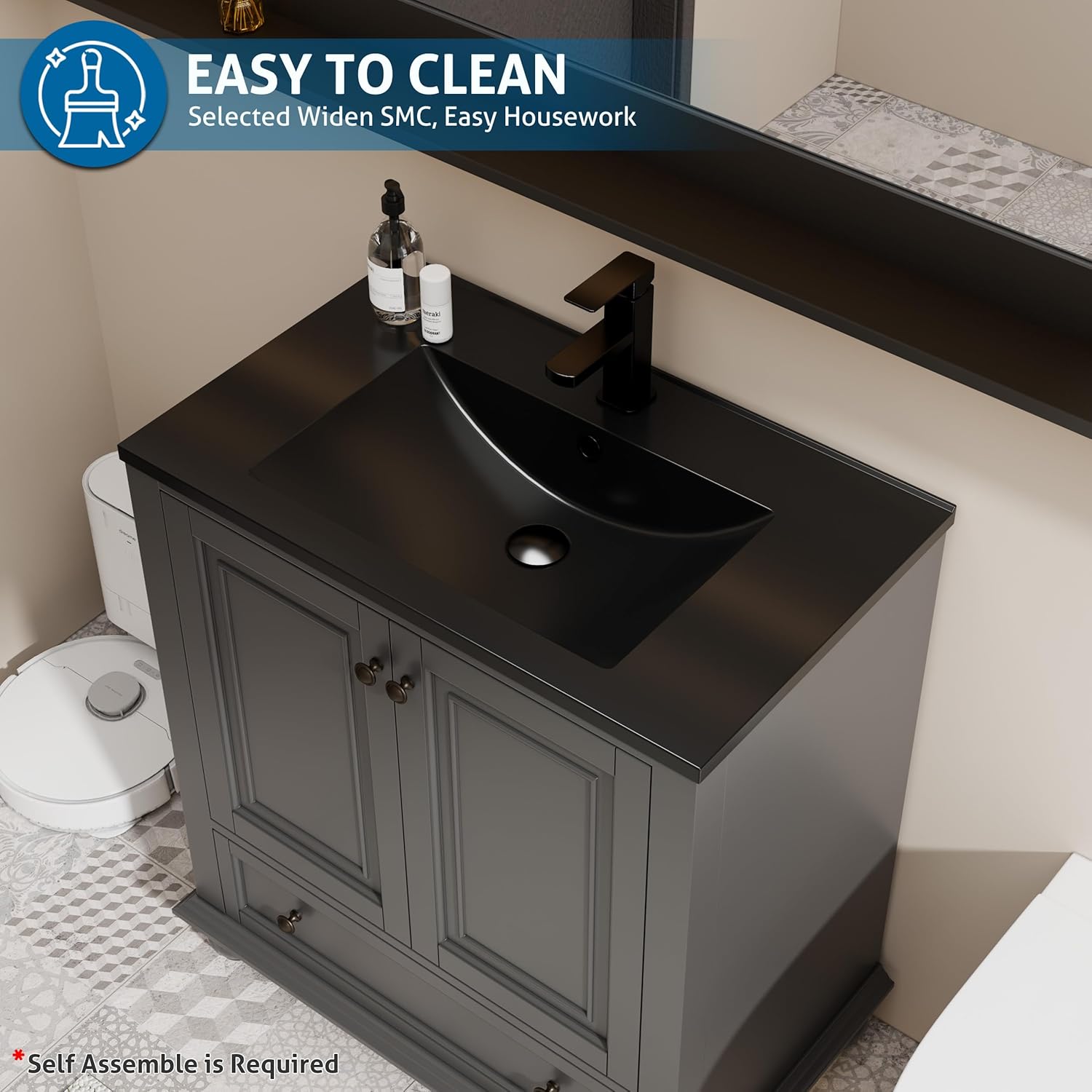 eclife 30" Bathroom Vanity Sink Combo Vintage Style with Painted Solid Wood Construction, Retro Vanities Storage Cabinet w/Gourd Leg Base, Undermount Black Sink Faucet Drain, Gray