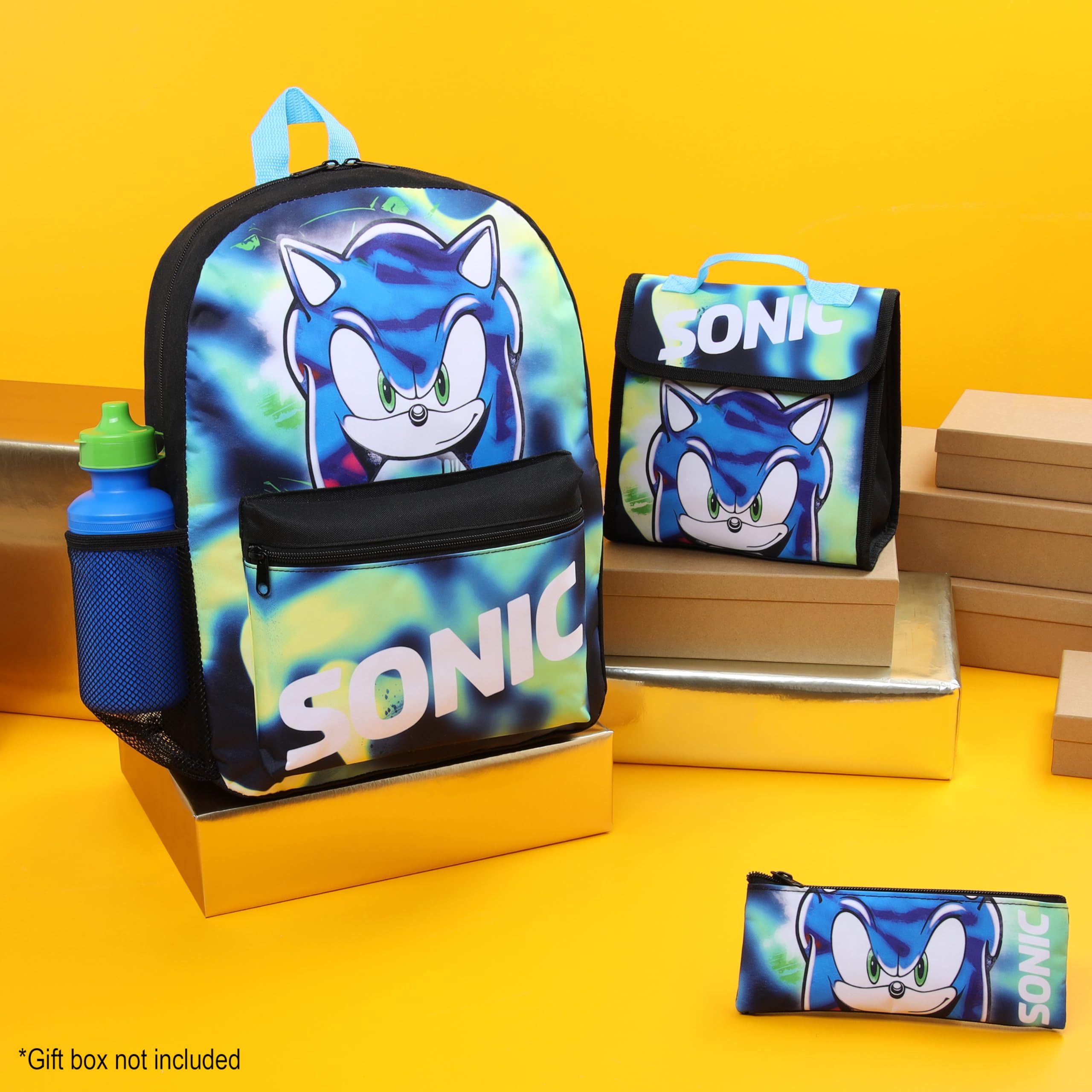 Get Trend SONIC THE HEDGEHOG Zainetto Bambino Set 4 Pz con Borraccia Bambini Astuccio Borsa Porta Pranzo Shadow Materiale Scolastico (Sonic 4 Pz Set)