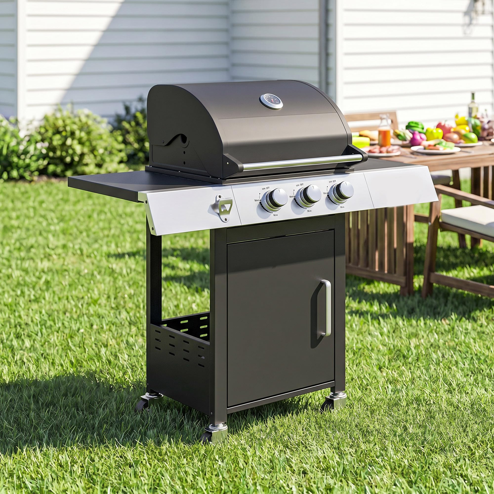 Outsunny Barbacoa de Gas BBQ Gas con 3 Quemadores 8,1 kW Barbacoa Portátil con Termómetro Mesas Laterales Armario Rejilla Calentadora Parrillas de Hierro Fundido Recogedor Grasa y 4 Ruedas Negro