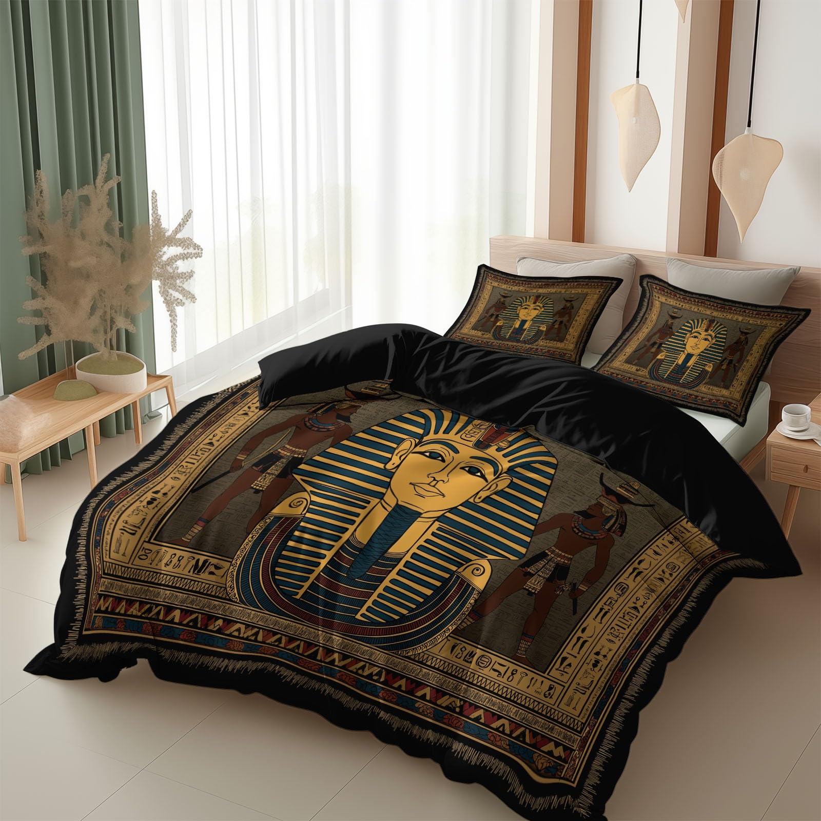 Housse de couette 260x240 pharaon noir pour une chambre parentale au style égyptien chic