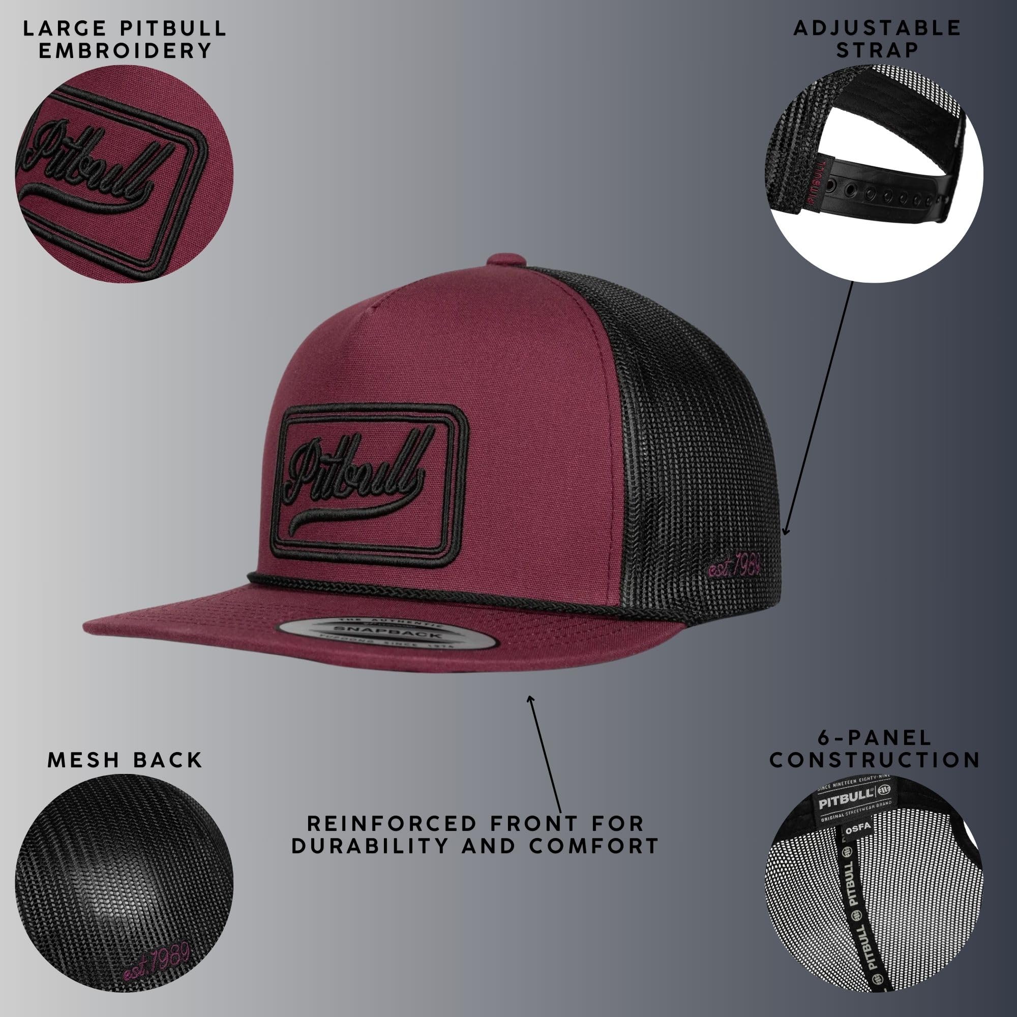 PITBULL Snapback Trucker Cap ORIGINAL 1989 – Mesh Cap Herren Damen, verstellbare Kappe, Flacher Schirm, Baseball Cap Streetwear, Unisex Freizeit