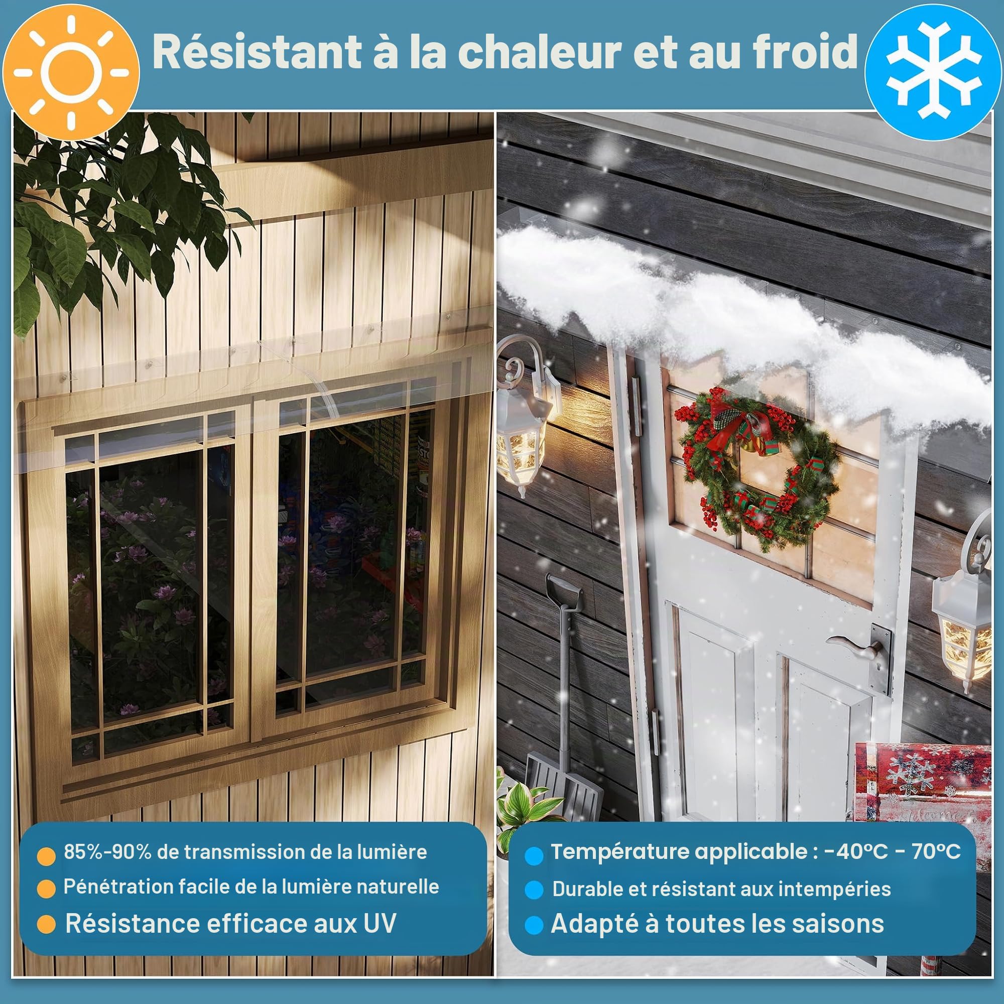 Froadp Auvent pour porte d’entrée Couverture 50 x 120 cm Toit de porte en PET transparent 3,5 mm d’épaisseur Toit de terrasse Protection contre la pluie et UV Auvent pour porte Fenêtre Balcon Garage