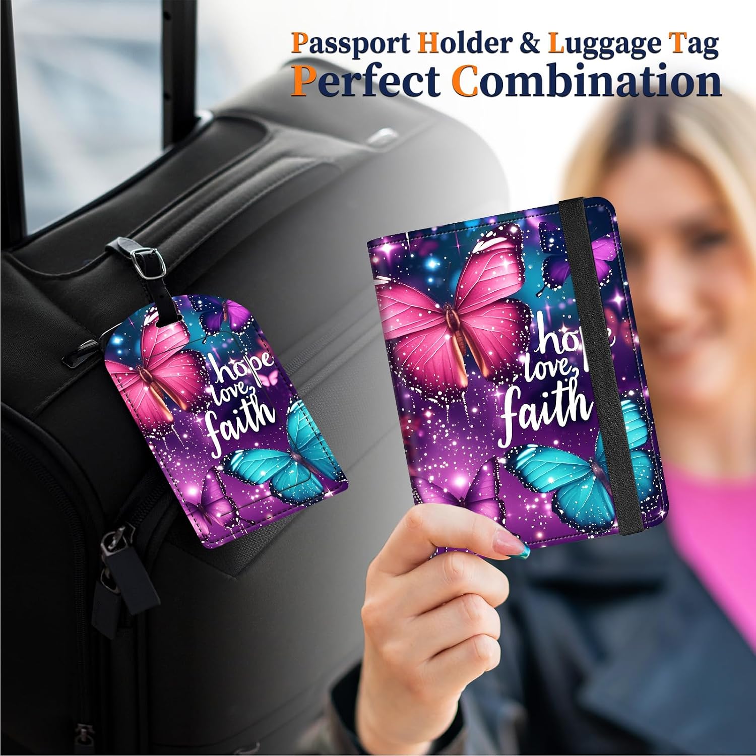 Passport Holder for Travel with Luggage Tag,RFID Blocking,3.4 * 4.7 inches,Credit Card Slots and Air Ticket Pocket,Travel Essentials for Women and Men,Purple Butterflys-3