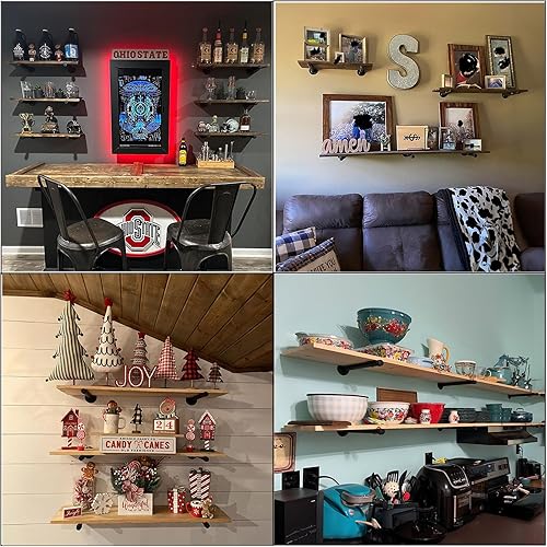 Miniatura 2 de Juego de 6 soportes industriales para estantes de tubería de 12 pulgadas, 34, de hierro negro, rústicos, montados en la pared, soportes de