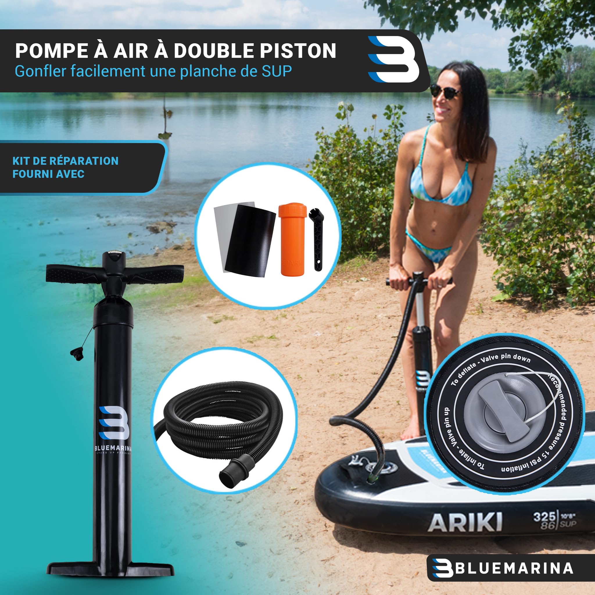 Bluemarina Planche de Stand Up Paddle Ariki Gonflable - Garantie DE 5 Ans - capacité de Charge jusqu'à 140 kg - Accessoires Inclus - 230x65x10 cm - 325x86x15 cm