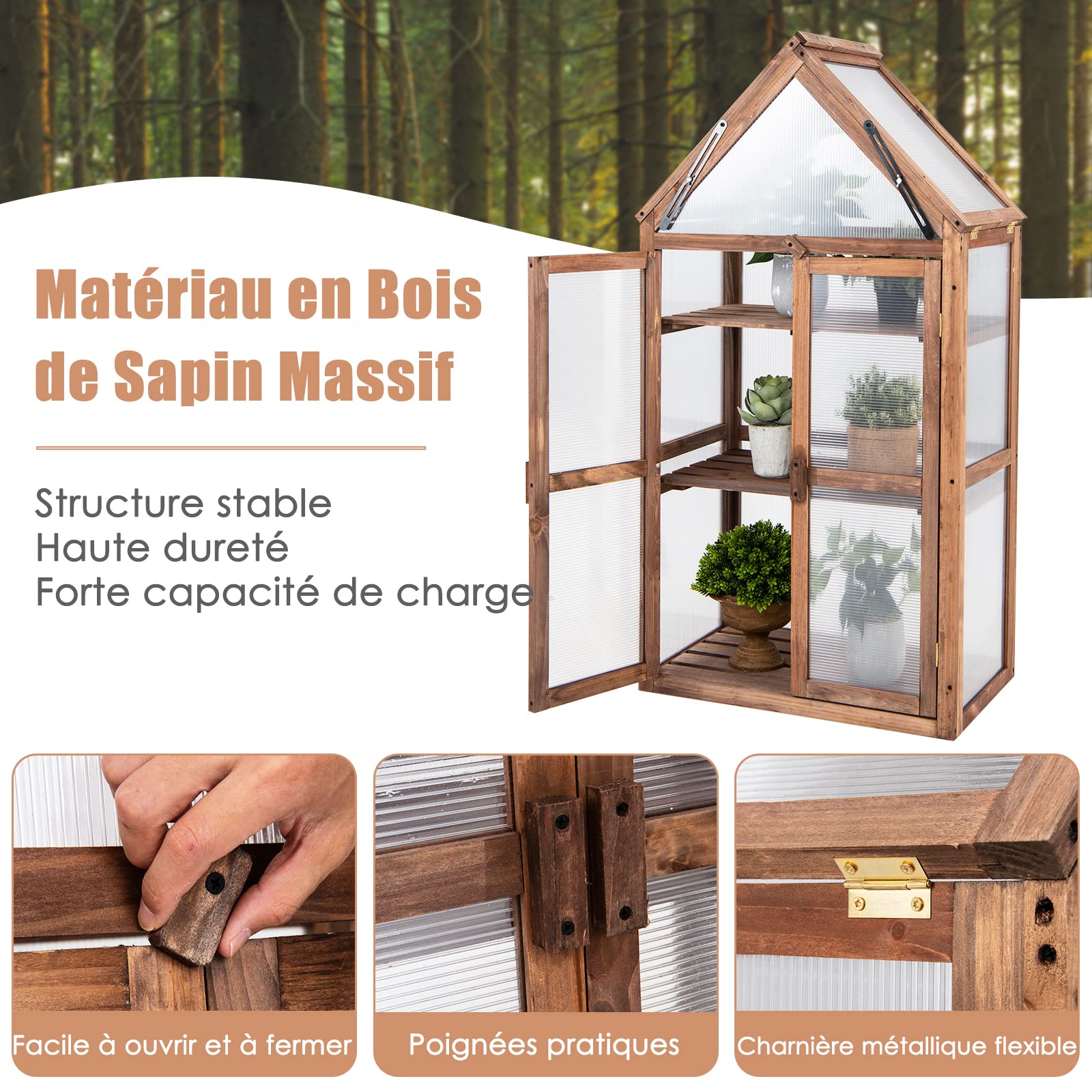 GOPLUS Mini Serre en Bois à encadrement Froid, étagère de jardinière surélevée avec Toit Transparent ouvrable, Portes Doubles et étagères à 3 Niveaux, Serre Portable pour Jardin, Cour, Balcon