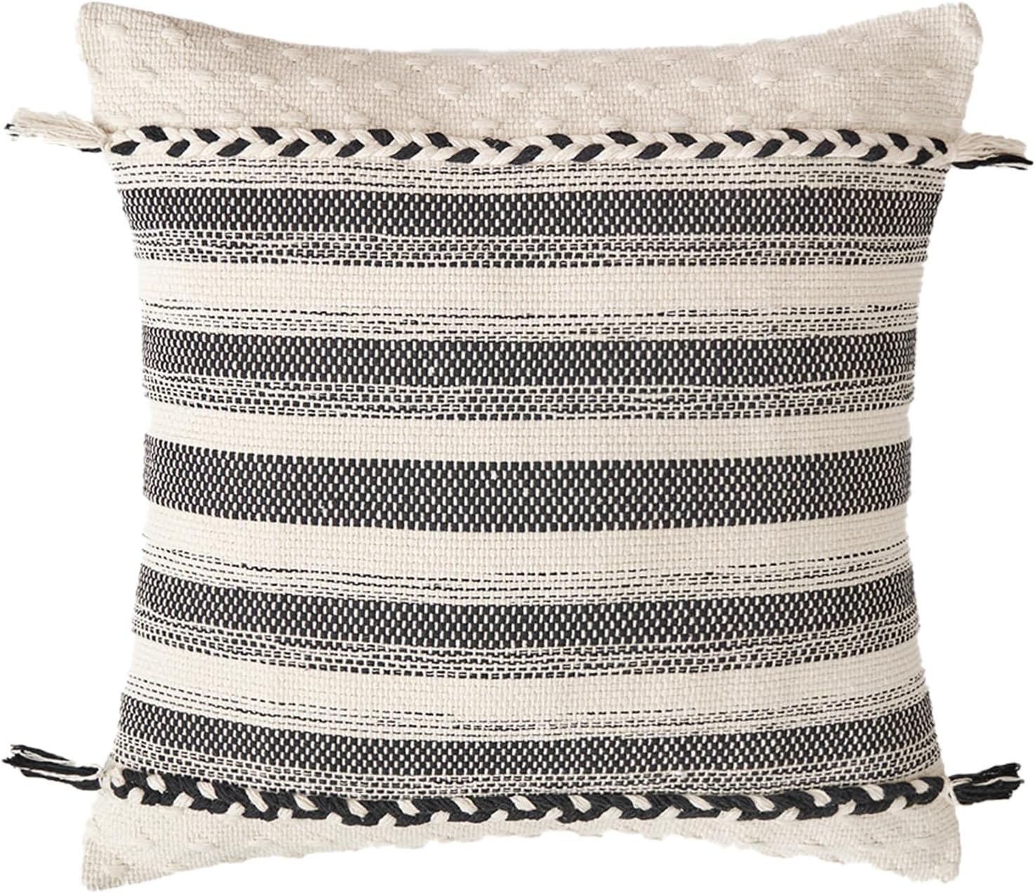 Long Lumbar Pillow Cover 14x36, Boho Long Decorative Pillows with Tassels Pillowcase, Modern Abstract Woven Body Pillow Cover for Sofa Bedroom Living Room Home Decor, Dark Green + Off-White