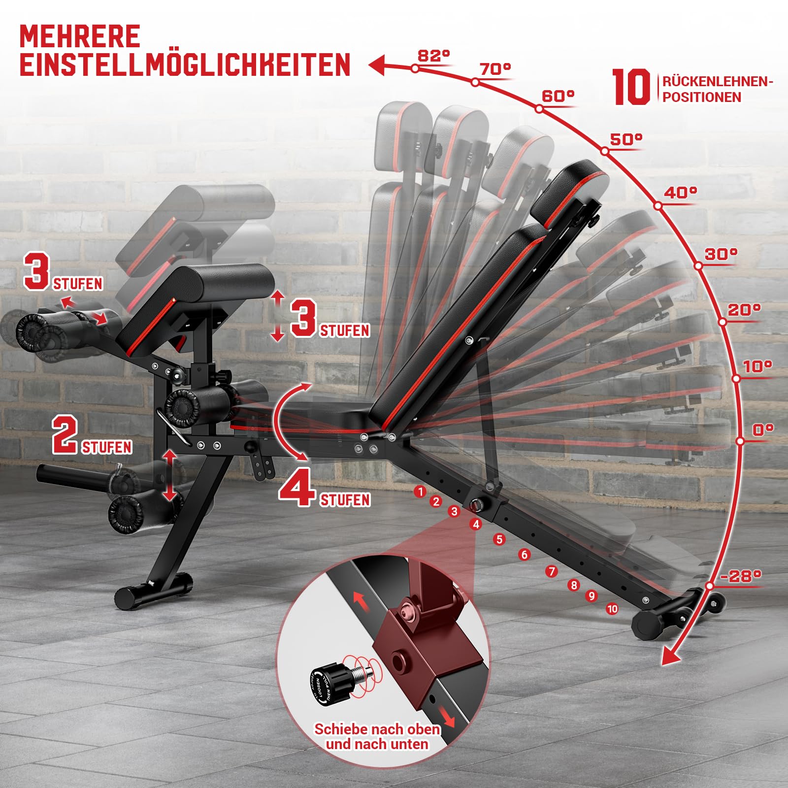 XDDIAS Hantelbank verstellbar mit Beinstrecker & Curlpult, Trainingsbank mit Kopfstütze bis 410 kg, 10-Fach Rückenlehne Schrägbank/Flachbank/Negativbank für Home Gym, Multifunktionale Gewichtbank