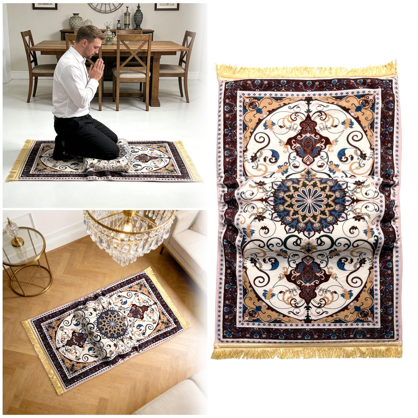 Tapis de prière Janamaz avec coussin pour genoux, pliable, antidérapant, gris