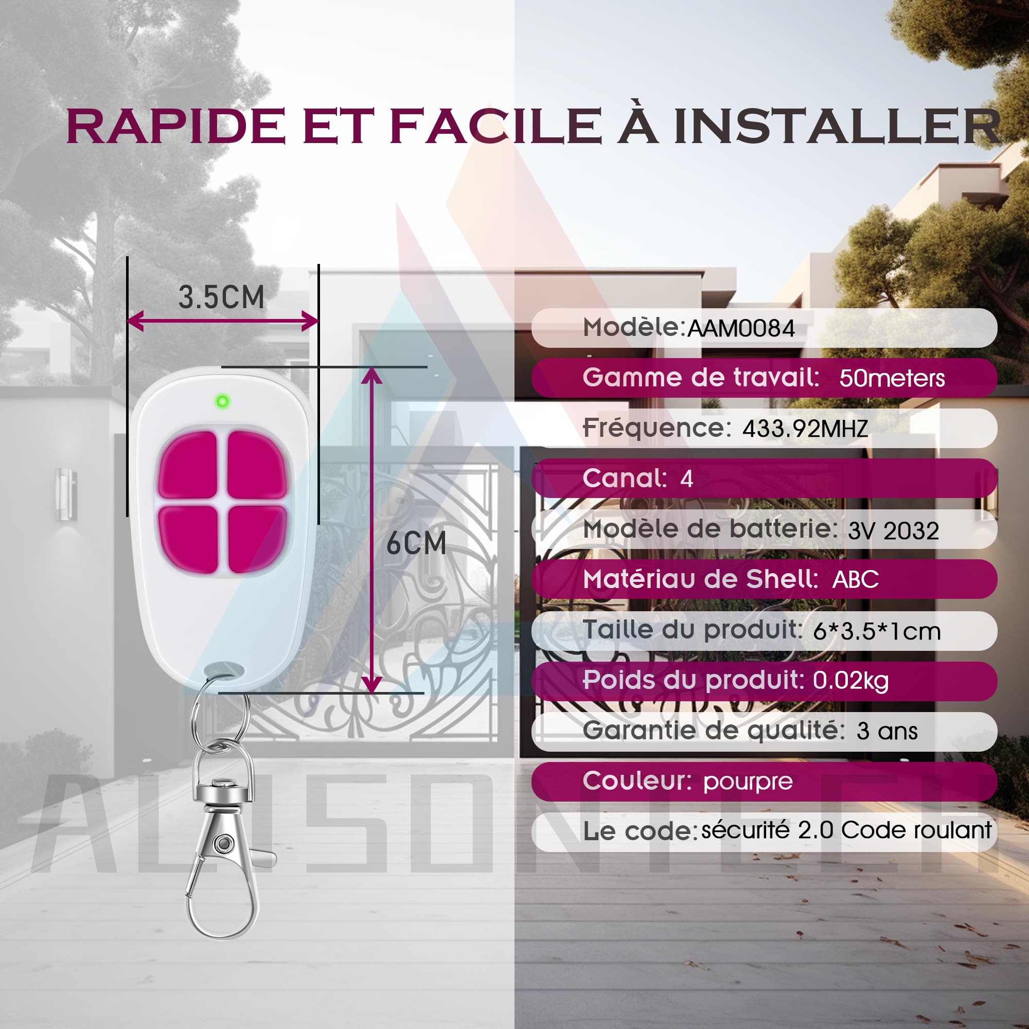 2 x AAM0121 AAM0135 AAM0133 Télécommande SCS Motorisation Portail Portes de Garage 4-Canaux 433,92MHz Garantie de 3 Ans