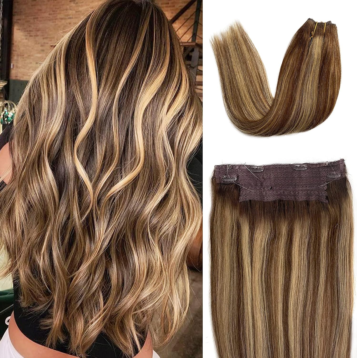 Ubetta Wire Hair Extensions, Ombre Chocolate Brown Hair to Caramel Blonde Highlights Remy Human Hair Extensions Invisible Wire Fish Line Hair Extensions Straight Human Flip Hair Extensions 70g 14"