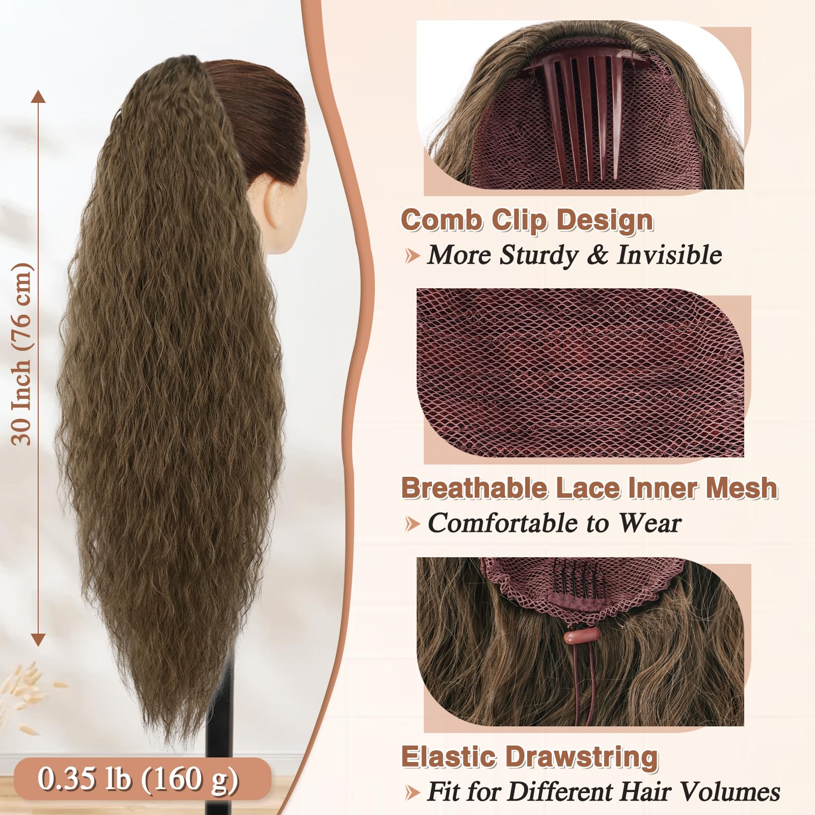BARSDAR 30 Inch Long Curly Wavy Drawstring Ponytail Extension - Image 2