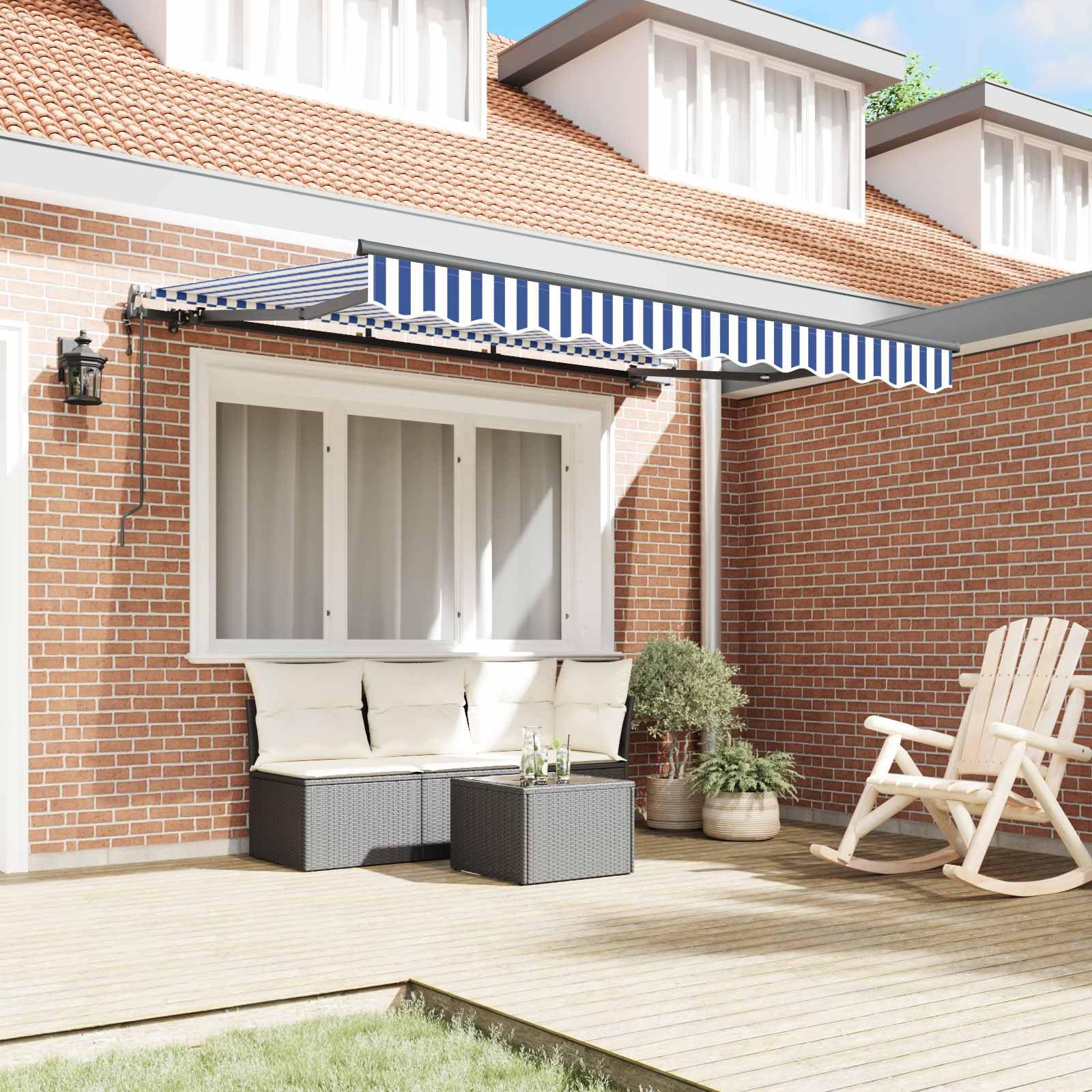 Toldo retráctil de 250 x 200 cm con brazo articulado con mando a distancia, toldo para terraza y balcón, marco de aluminio estable en blanco, tela a rayas en azul
