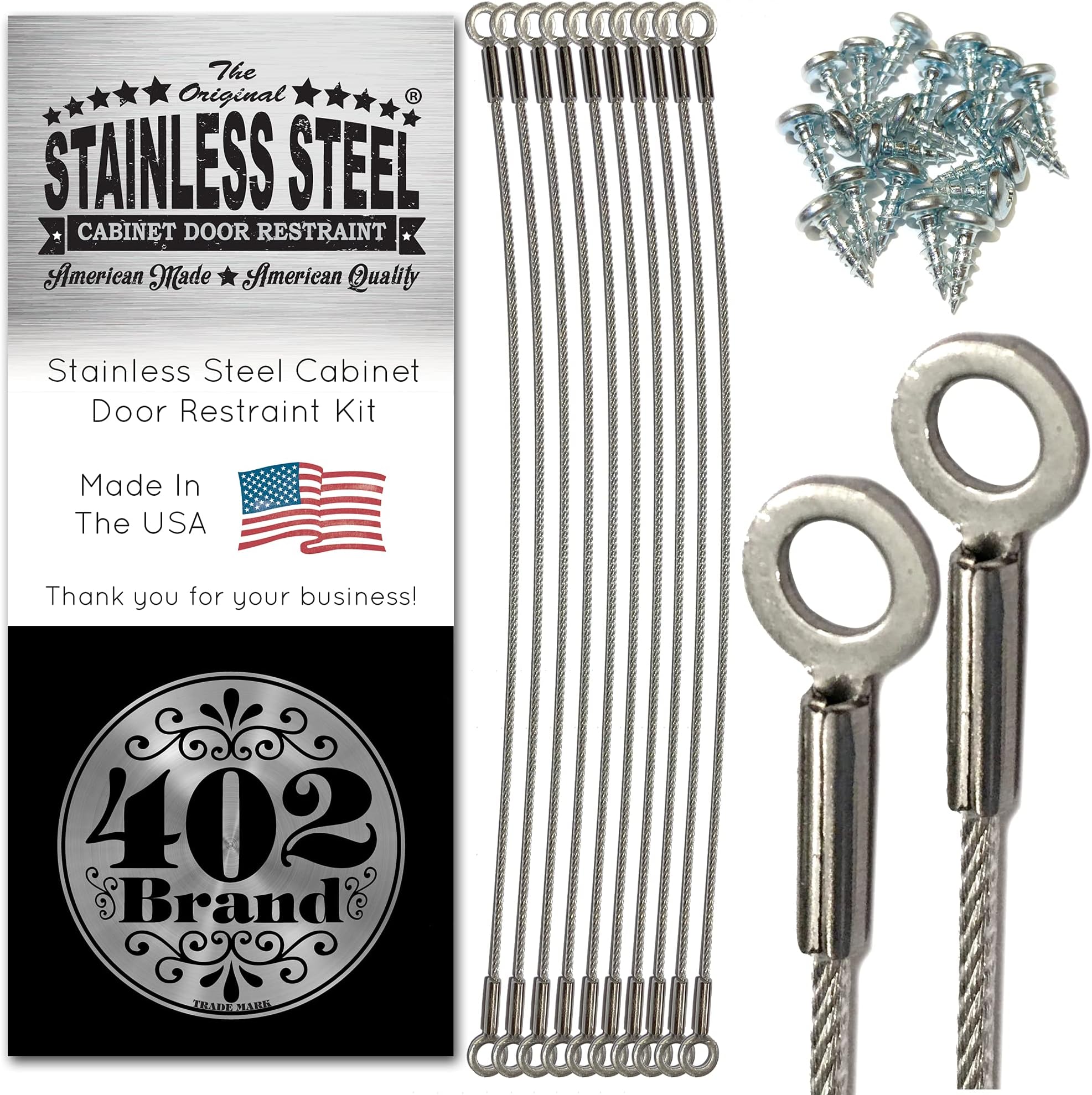 Stainless Steel Cabinet Door Restraint Kit. Made in USA. Flexible Braided Cable. Cupboard Hinge Limiter. Restrict Cabinet Door Swing. Limit Door Opening Angle. (10 Pack)