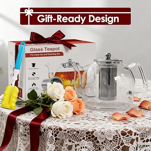 Miniatura 6 de Tetera de vidrio de 60.9 fl oz con infusor, tetera grande segura para estufas, tetera de vidrio de borosilicato hecha a mano, tetera de hojas