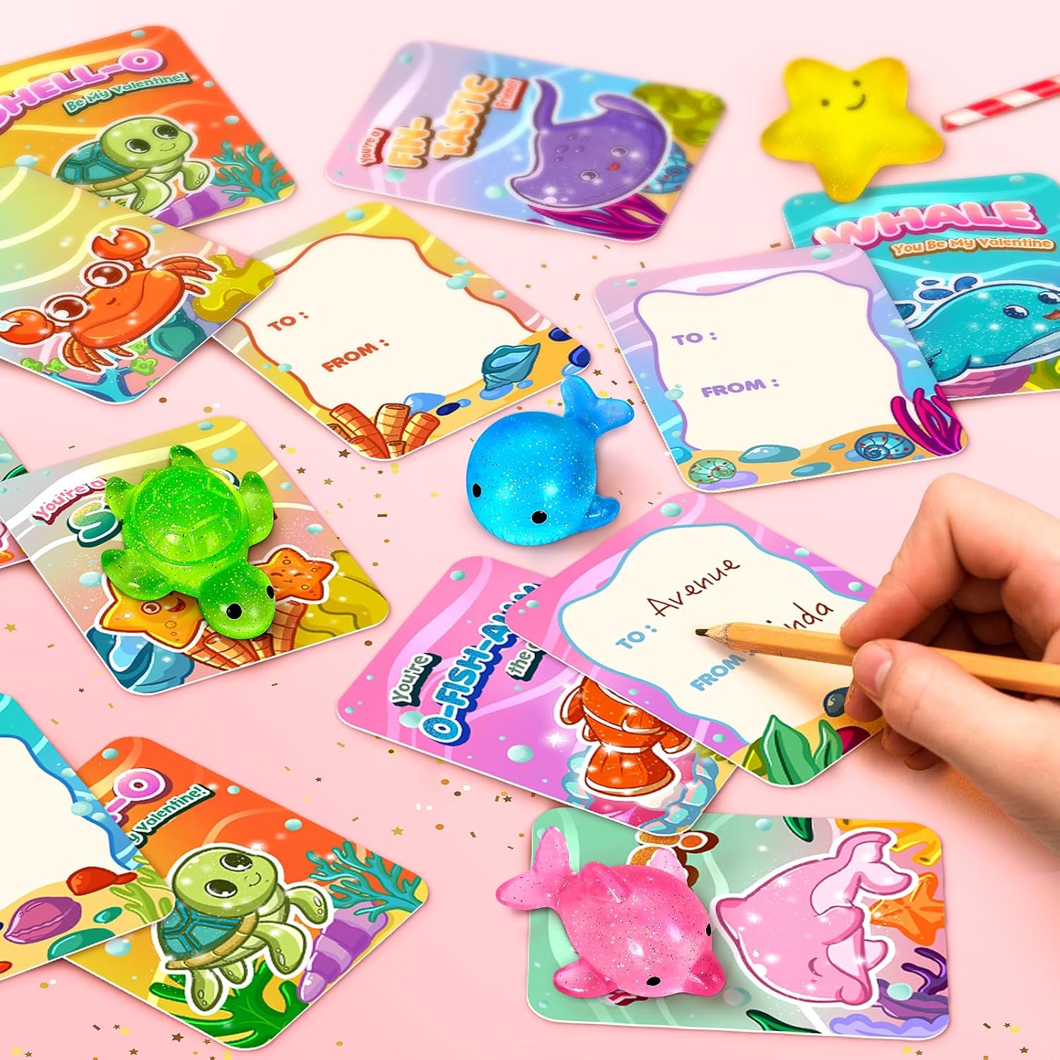 Valentines Day Cards for Kids School, 28 Pcs Cute Ocean Squishy Toys with Kids Valentines' Cards, Valentines' Day Exchange Gifts for Kids, Ideal Valentines' Party Favor Classroom Prizes