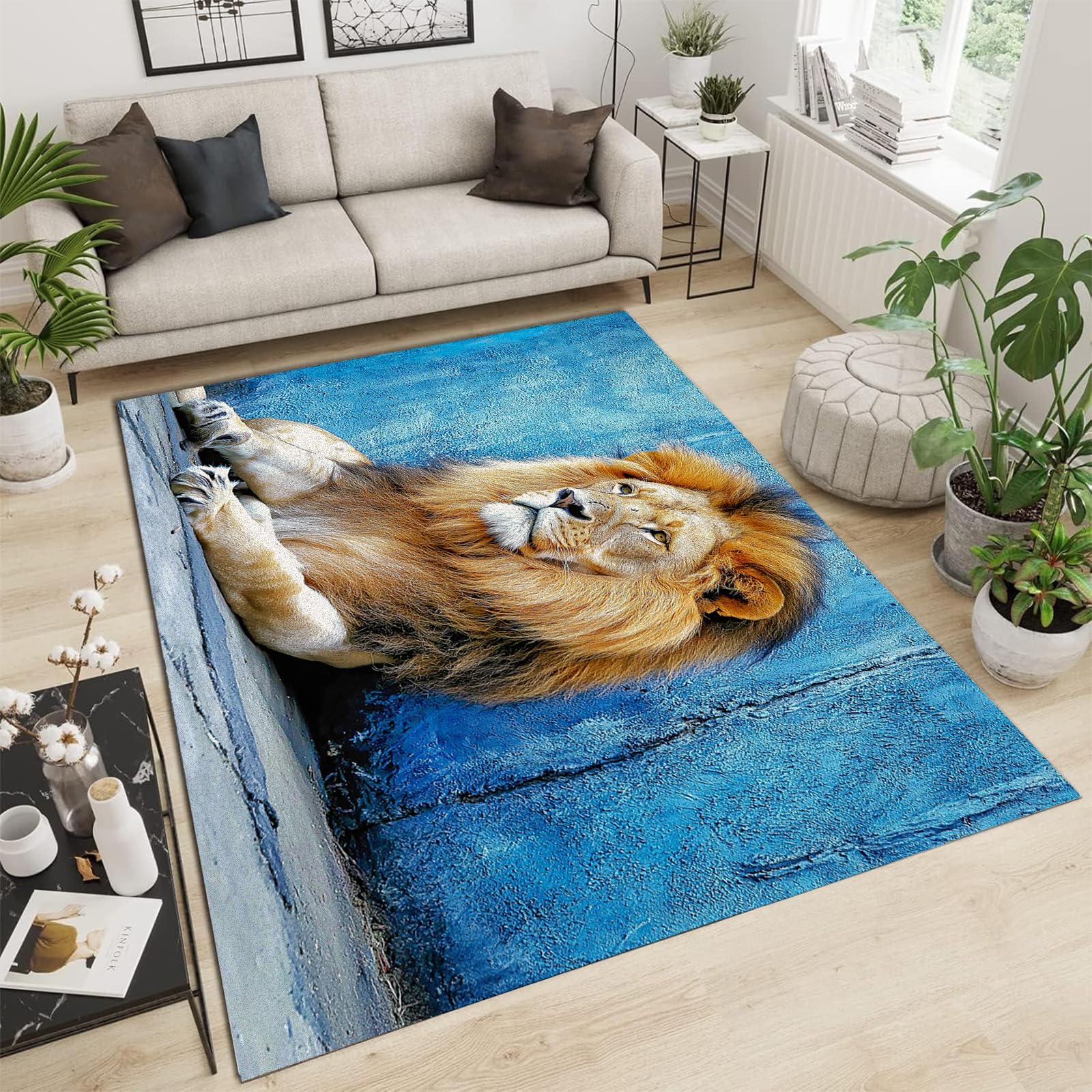 Tapis de salon bleu lion pour un décor moderne de chambre