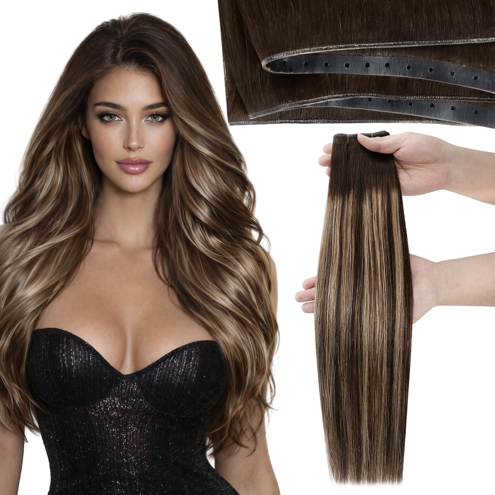 Moresoo Butterfly Weft Hair Extensions Remy Human Hair Ash Blonde Highlight Bleached Blonde 18 Inch OVO Weft Hair Extensions Human Hair Ash Blonde Highlight 100g/pack #18/613 — view 23
