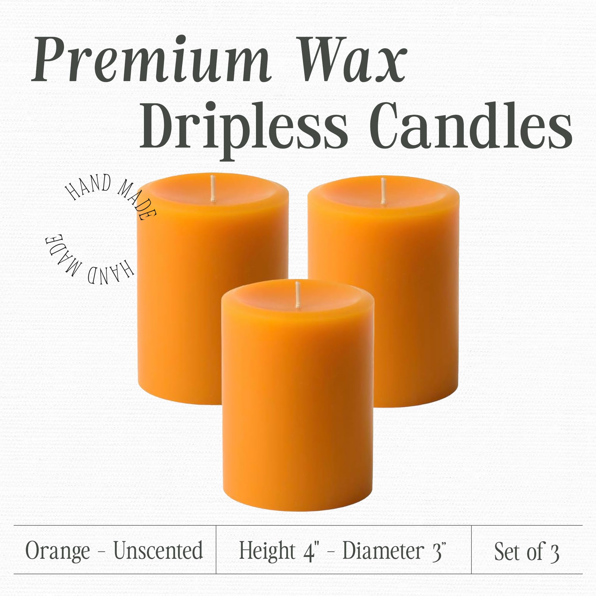 Set di 3 candele a pilastro non profumate a mano, 7,6 x 10,2 cm, colore: arancione