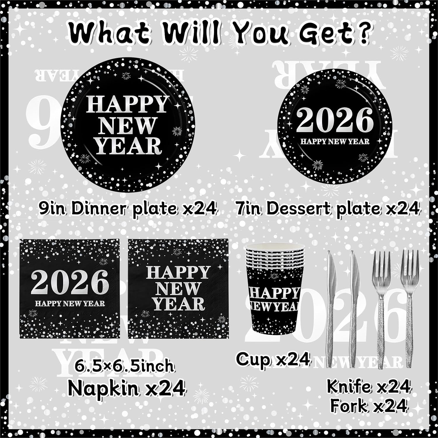 Black and Silver New Years Paper Plates and Napkins Sets, Polka Dot New Years Eve Party Supplies 2026 with Cups Forks and Knives Nye Decorations for Holiday Birthday Graduation Party, Serve 24