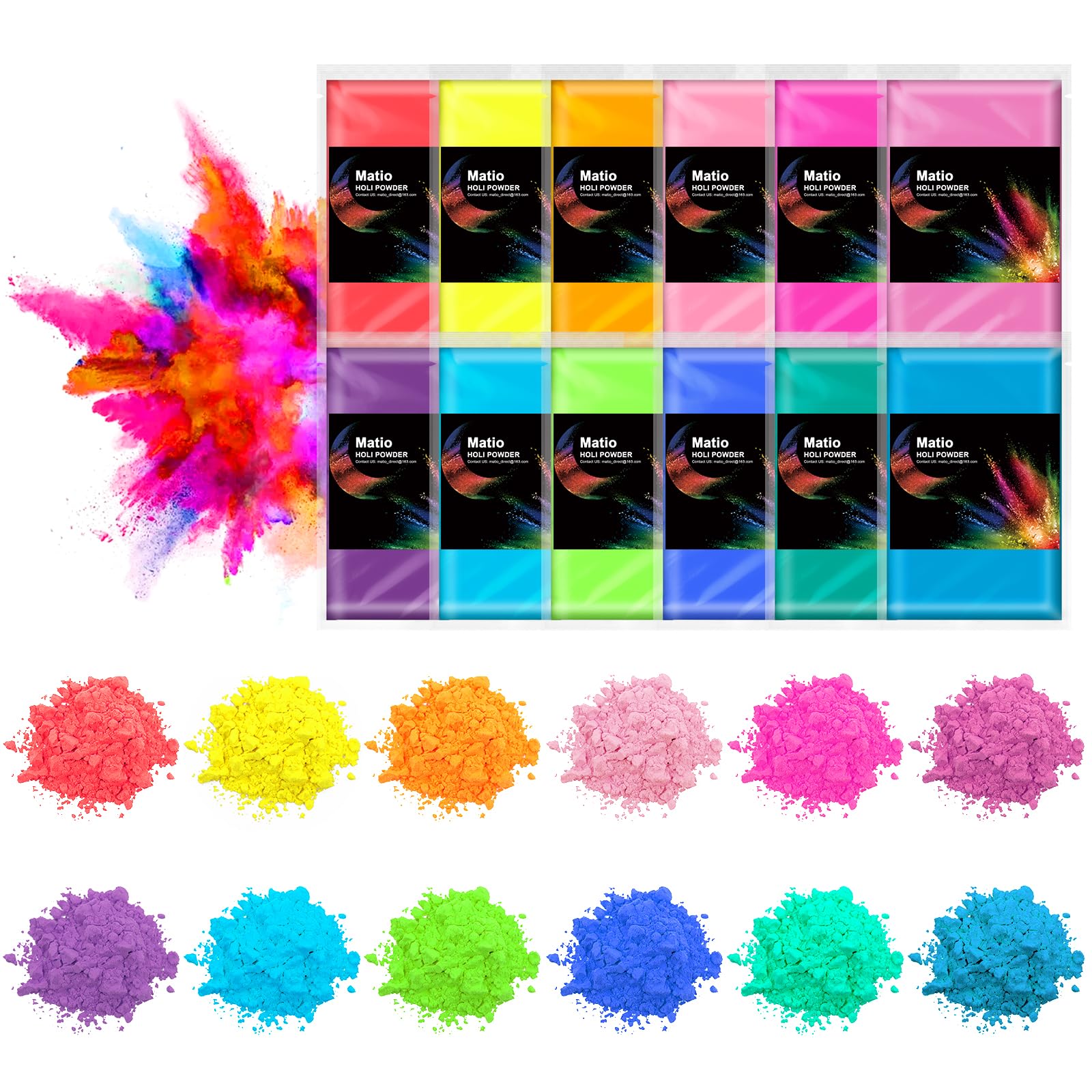 Matio Color Run Powder, 12 Pack 3.5oz/100g Each Natural Holi Powders Assorted Coloring Rangoli Bulk, Washable Chalk Powders Paint for Color War, Summer Camp, Photography Smoke, Gender Reveals
