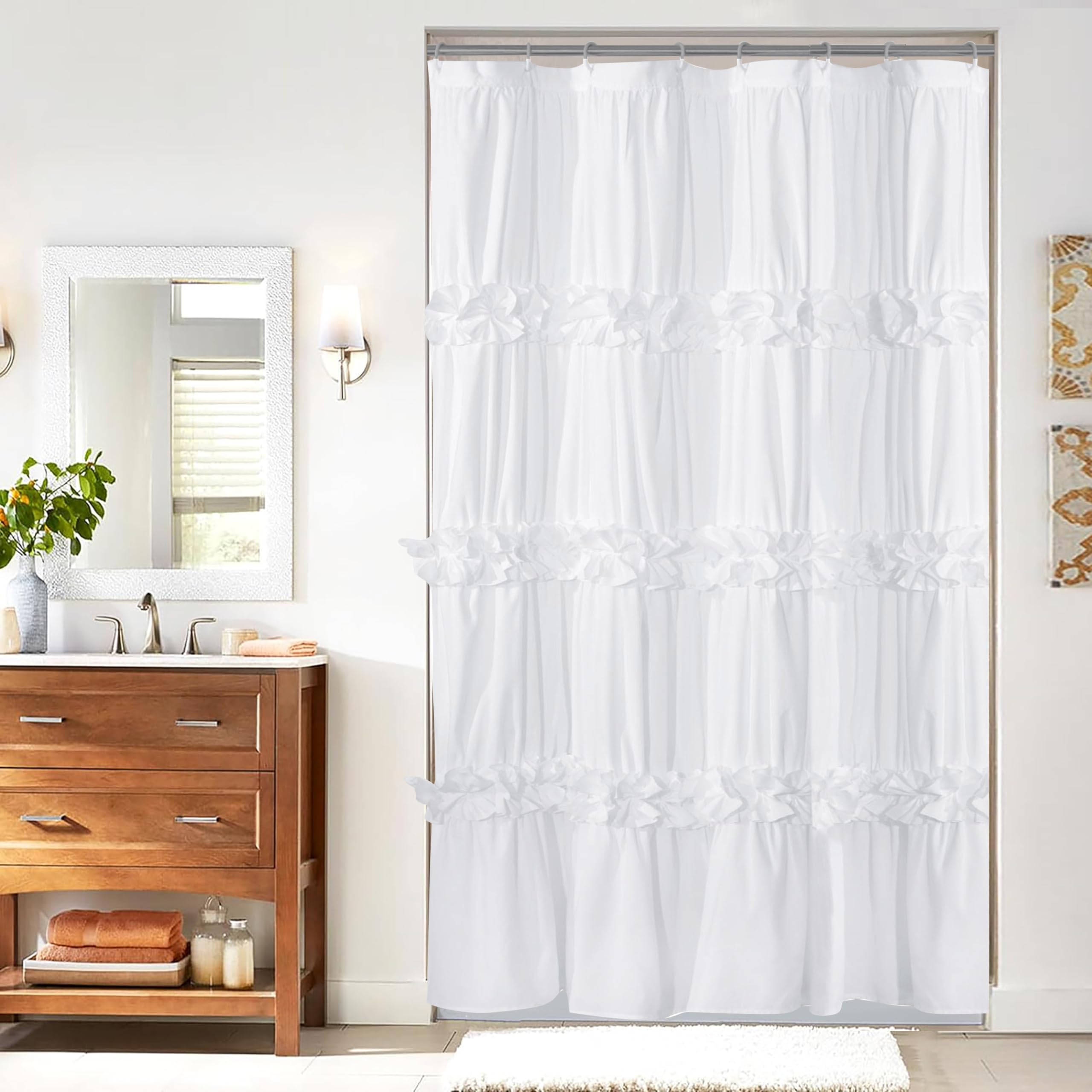 Homechoice Decor Ruffle Stall Shower Curtain, Vintage Handcrafted Bow Tie Bath Curtain for Master Bathroom, Ruched Microfiber Bathroom Curtain with 8 Buttonholes, 48" W x 72" H, White (LQ-10) โ image 1