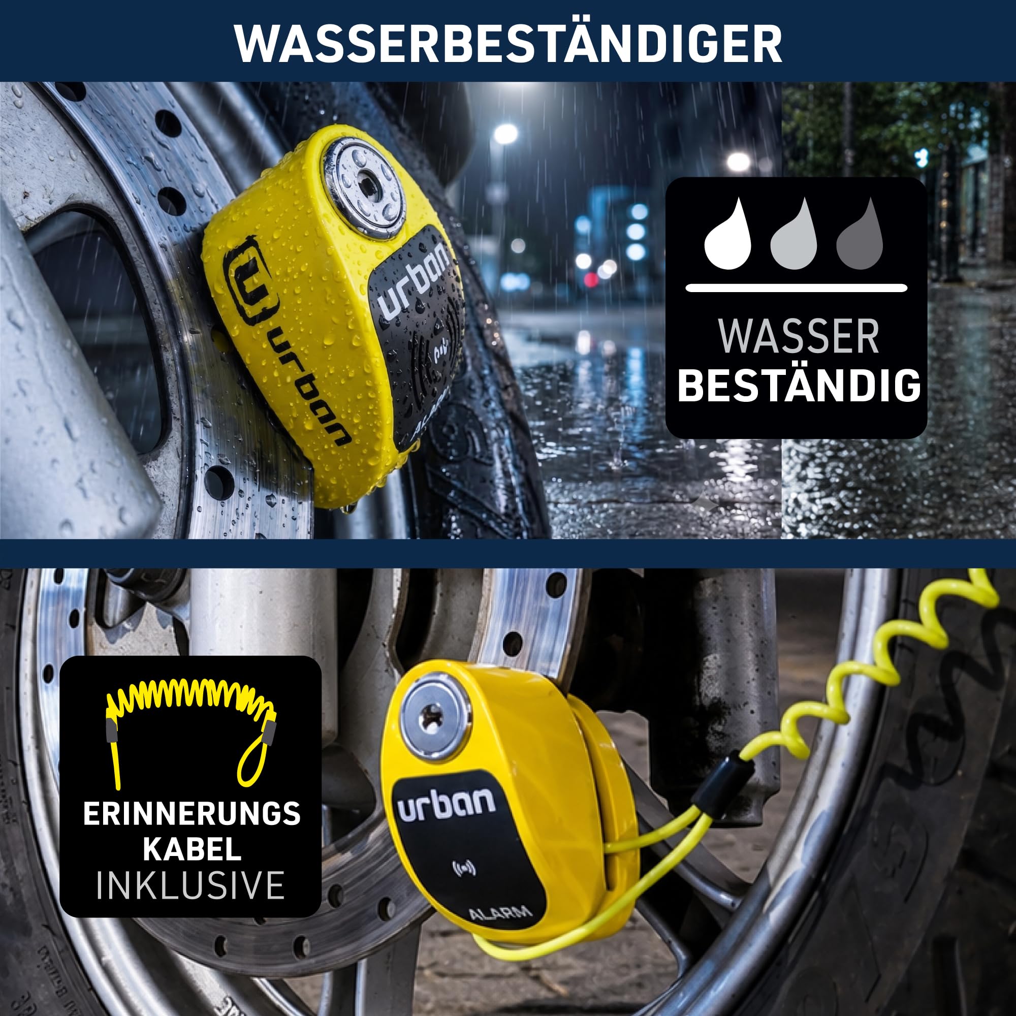 URBAN UR906Y Bremsscheibenschloss Motorrad mit 120dB Alarm X2 ON, Wasserdicht Austauschbares Modul, CR2 Batterie, Erinnerungskabel, 6mm Universelles Motorrad Schloos für Roller E-Bikes E-Scooter