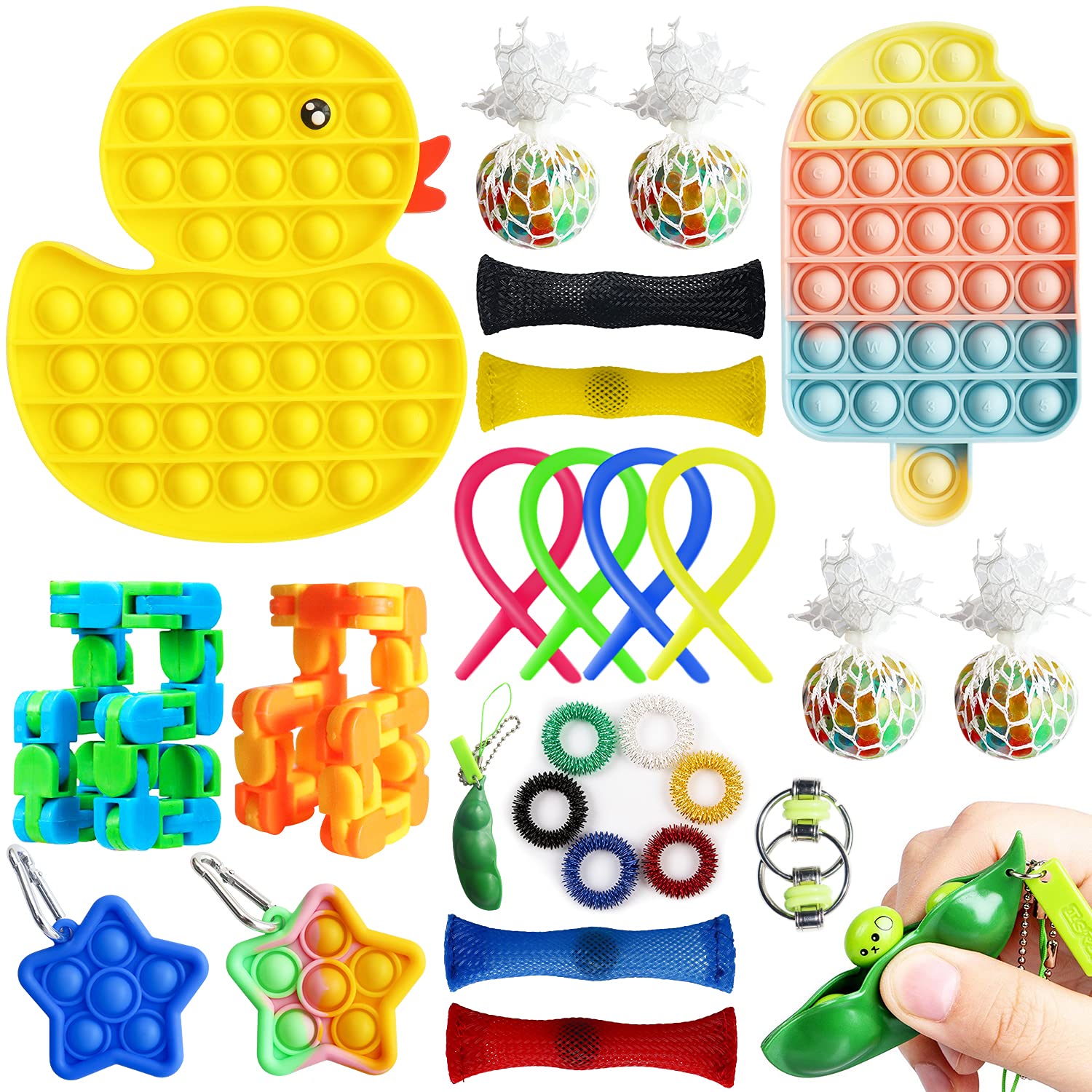 Aribicora 25 Pack Fidget Set Toy for Adults, Cool Things Duck Ice-Cream Fidget Sensory Toys Anxiety Relief Toys Ball, Bean, Keychain, Net Beads, Stretchy String
