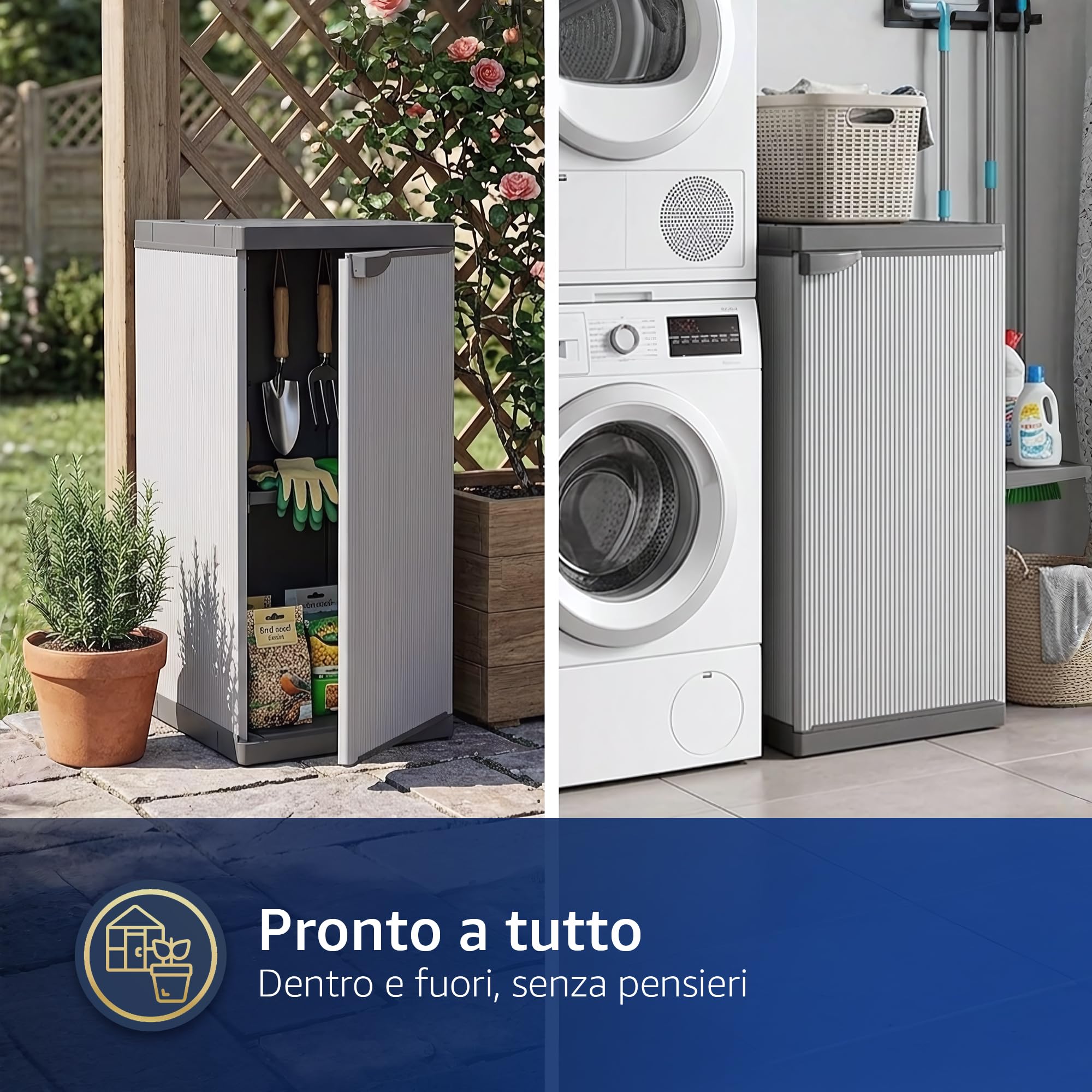 Sicignano Armadietto Modulare in Resina a 1 Anta, Colonna Salvaspazio Stretta con Ripiani Regolabili, Mobile Multiuso per Interno, Esterno, Lavanderia e Bagno, Grigio (cm.34x38x85h, 2 Piani)