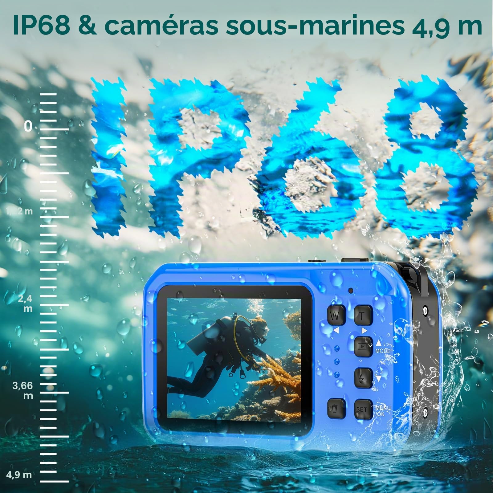 Appareil Photo Etanche Caméra sous-Marine 2,7k Caméra imperméable Full HD 64 MP 16ft pour plongée en apnée, écran de 2,7 Pouces 16x Zoom numérique et Carte de 32 Go