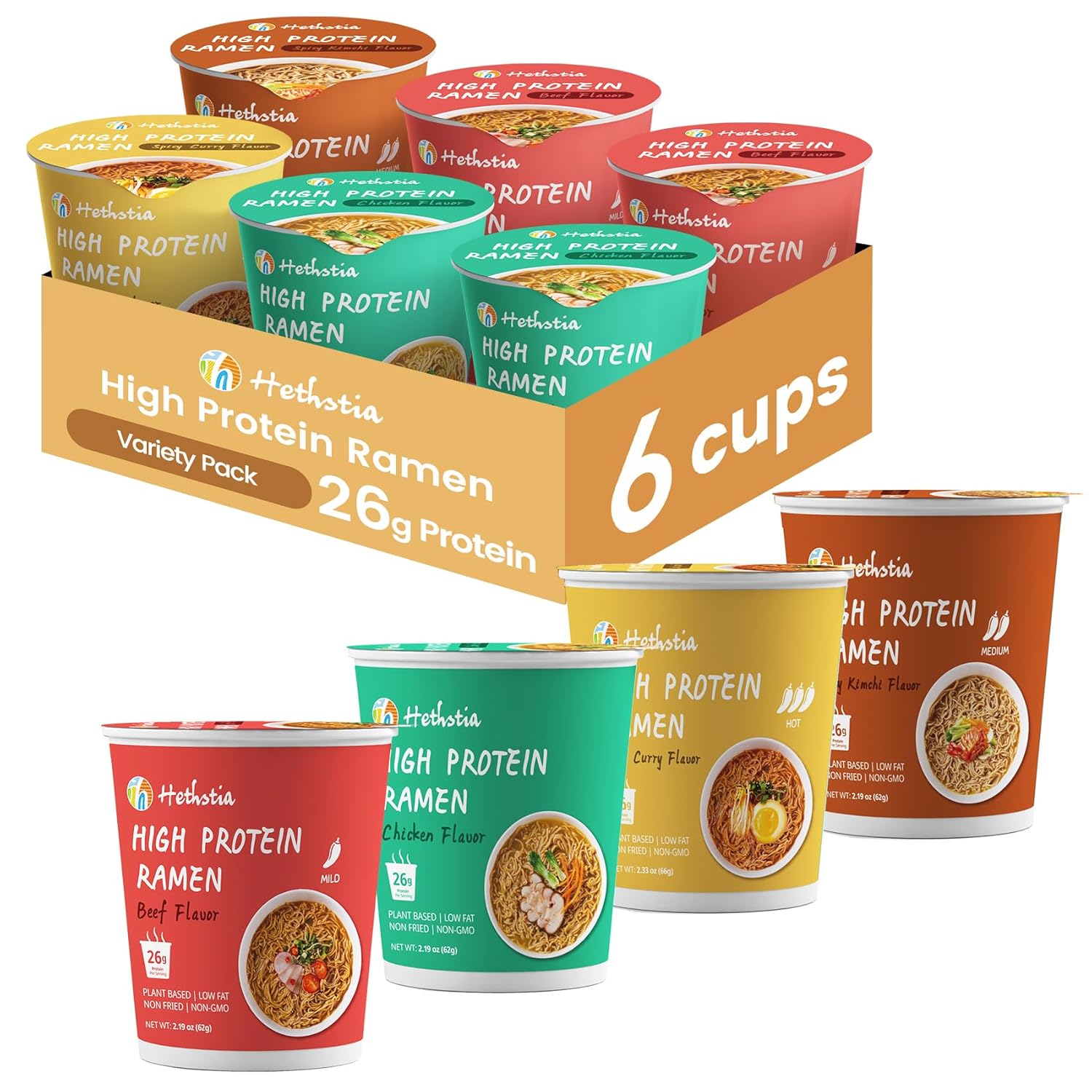 Hethstia High Protein (26g) Ramen Cup Noodles, 6 Count Plant-Based Vegan Noodle Variety Pack - Chicken, Spicy Beef, Kimchi, Curry | Non-Fried, Low Sugar, Low Fat | Ready to Eat, Healthy Asian Meal