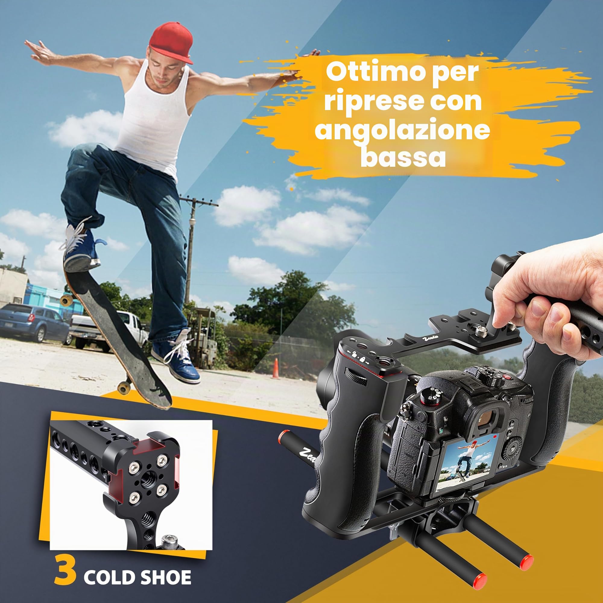 Zeadio Gabbia universale per fotocamera, rig stabilizzatore video a doppia impugnatura con maniglia superiore, 6 attacchi cold shoe, per filmmaking e vlogging YouTube ecc