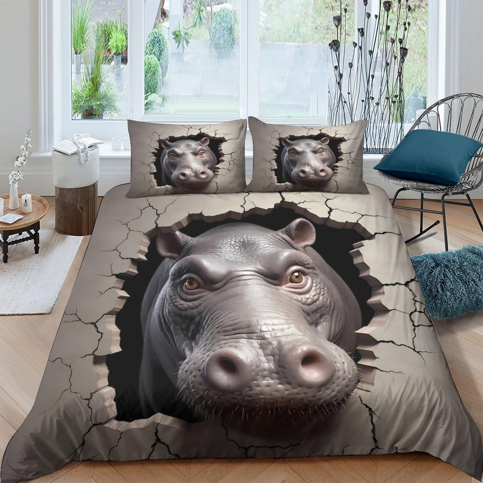 GPLZQXKJNH 3D Printed Hippo Cracked Wall Duvet Cover Microfiber Soft Breathable Bedding Set with 2 Pillowcases for Bedroom Decor Single（135x200cm）
